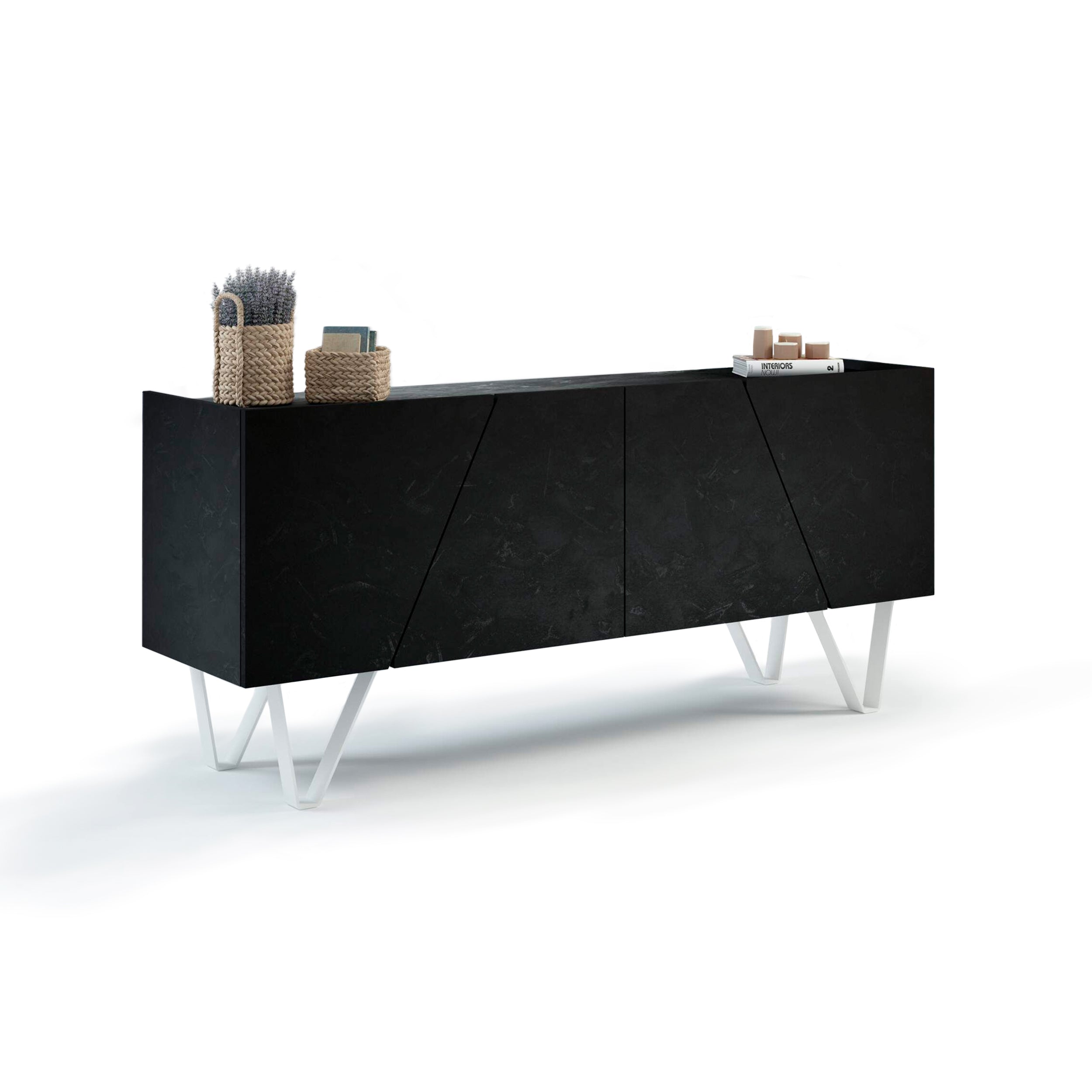 Emma 4-door Sideboard with white legs, Concrete Effect, Black - Detail image 2