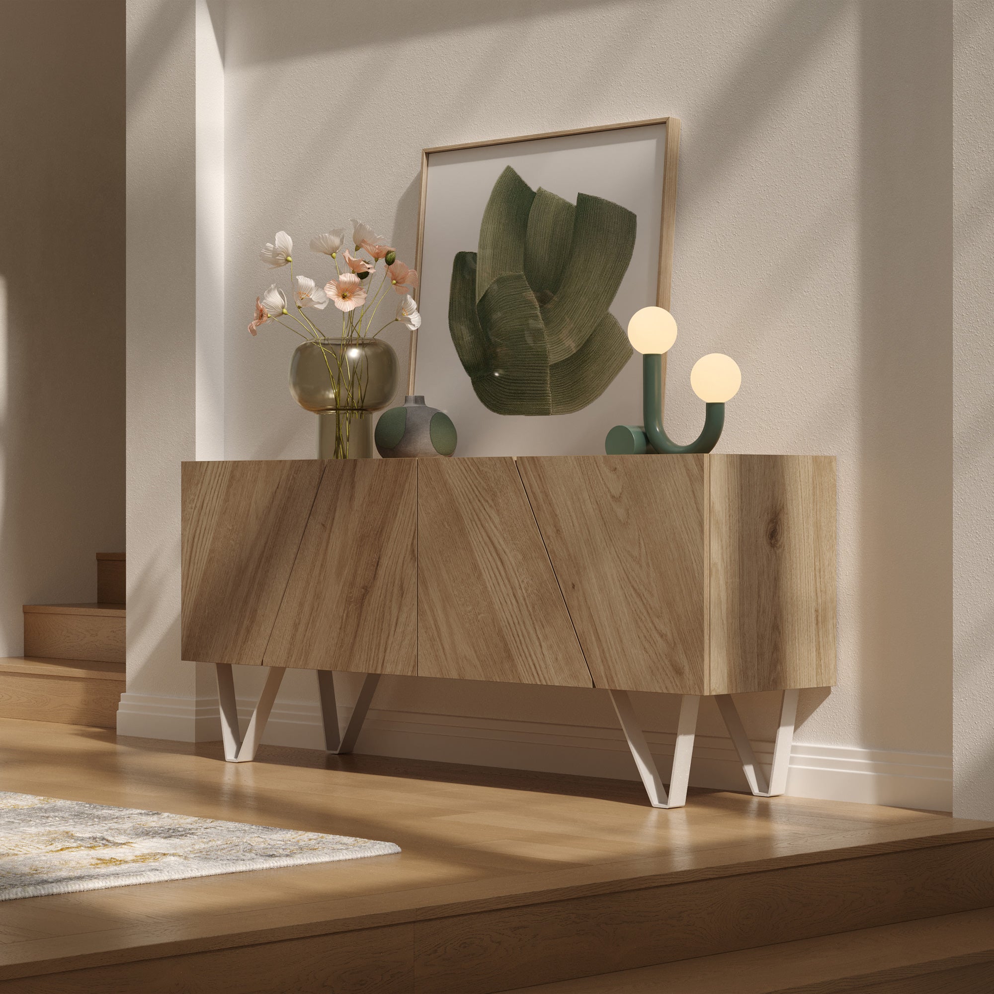Madia-Buffet 4 ante Emma con gambe bianche, Rovere Naturale - Immagine ambientata 1