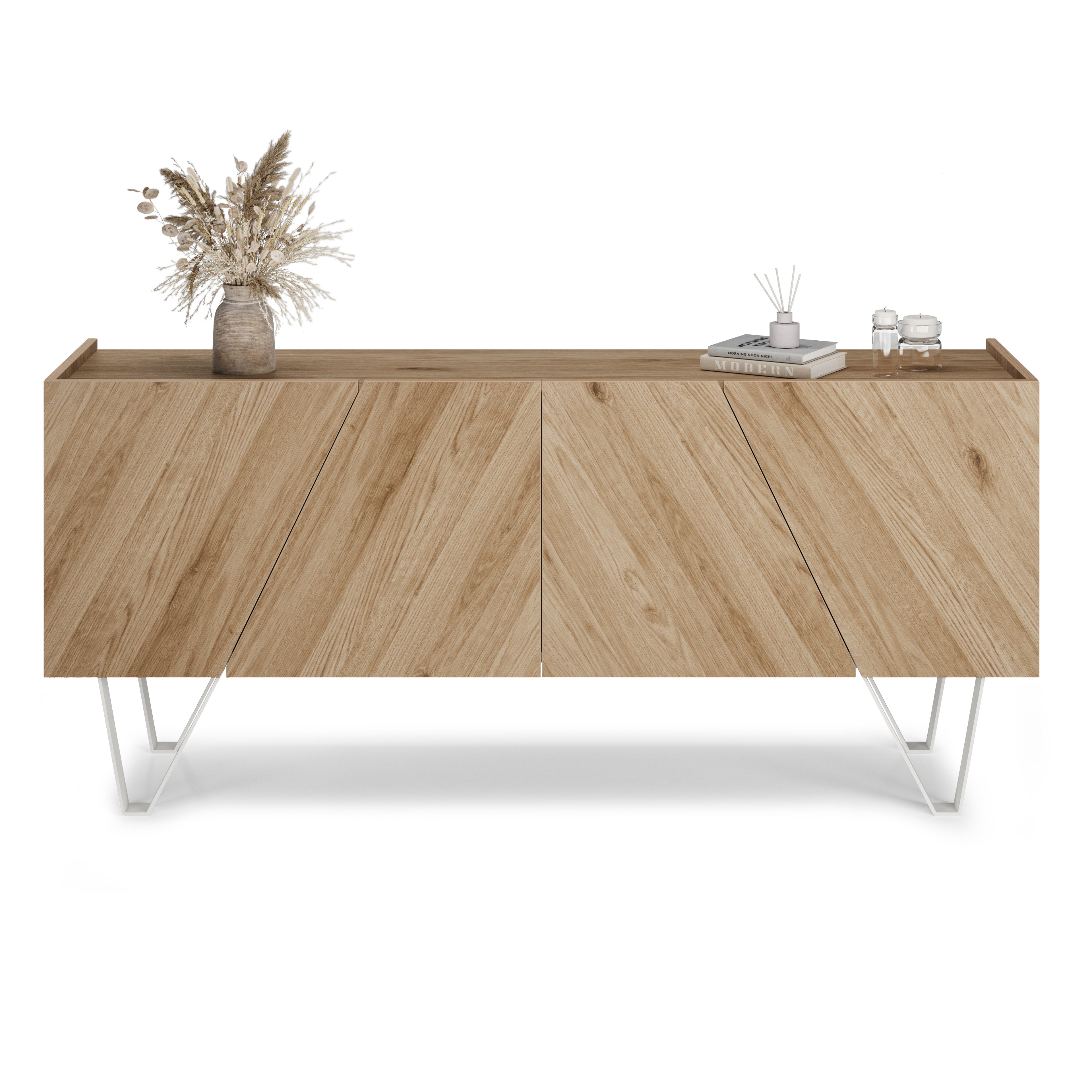 Buffet 4 portes Emma avec pieds blancs, chêne clair