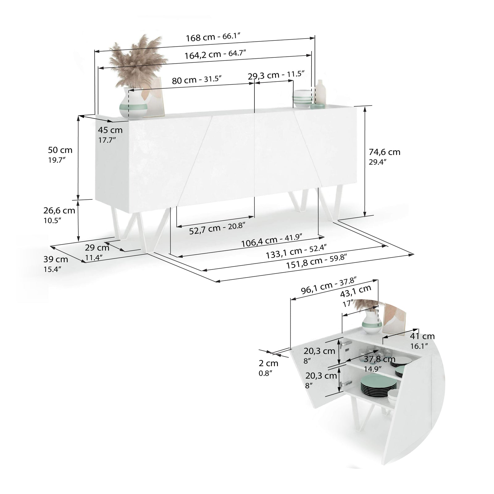 Emma 4-türiges Sideboard mit weißen Beinen, weißer Beton - Immagine tecnica 1