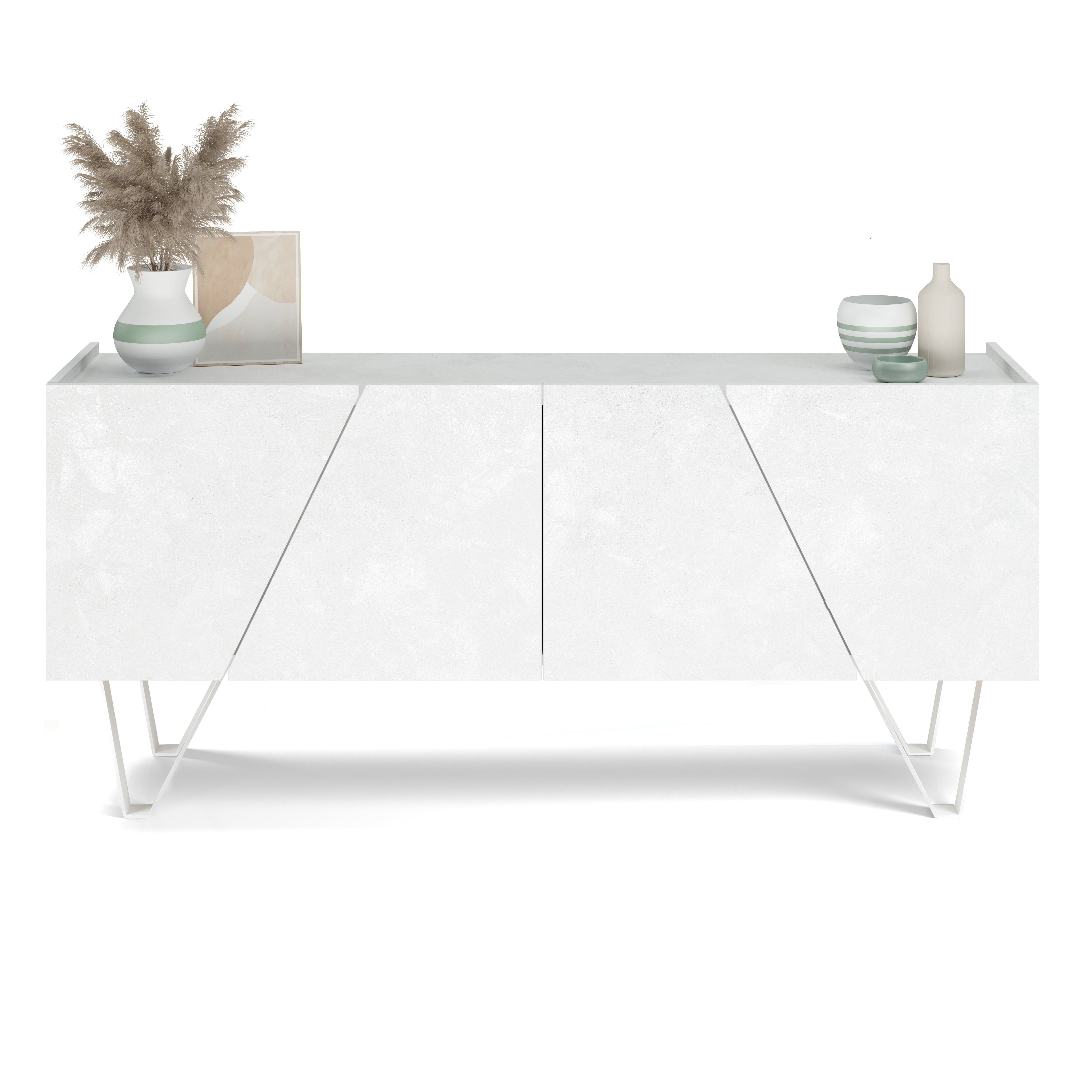 Buffet 4 portes Emma, Blanc béton, avec pieds blancs