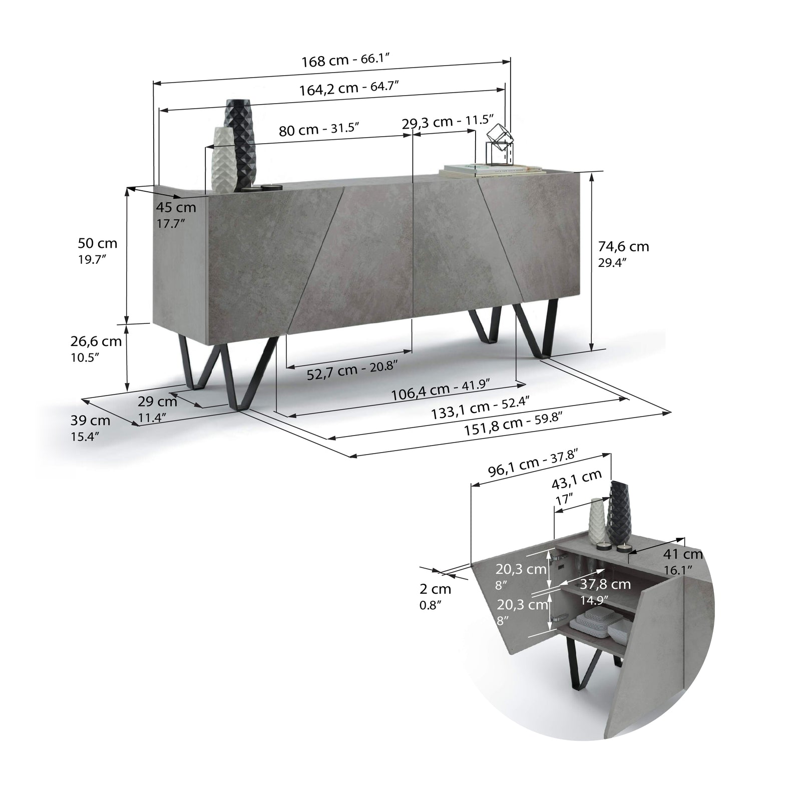 Madia-Buffet 4 ante Emma con gambe nere, Grigio Cemento - Immagine tecnica 1