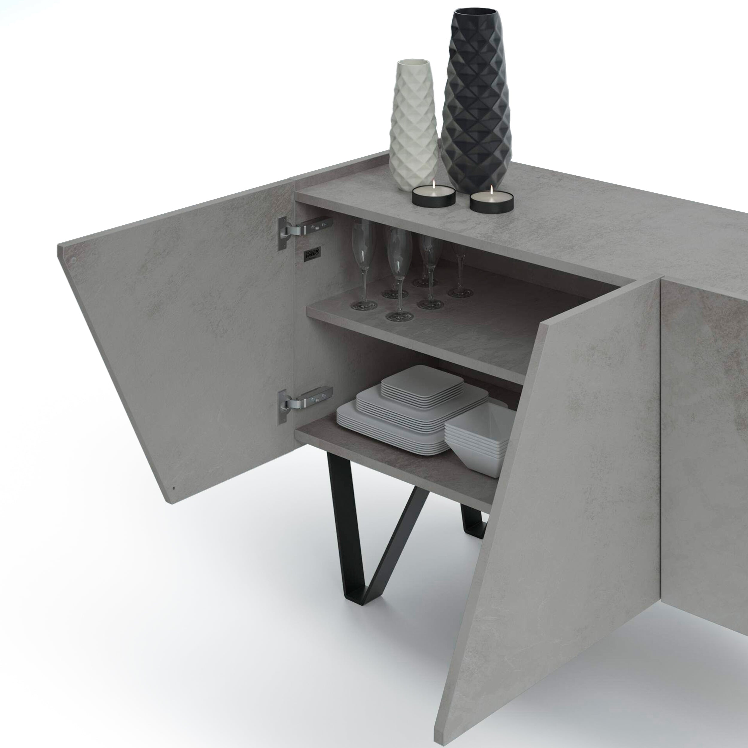 Buffet 4 portes Emma, béton gris, avec pieds noirs