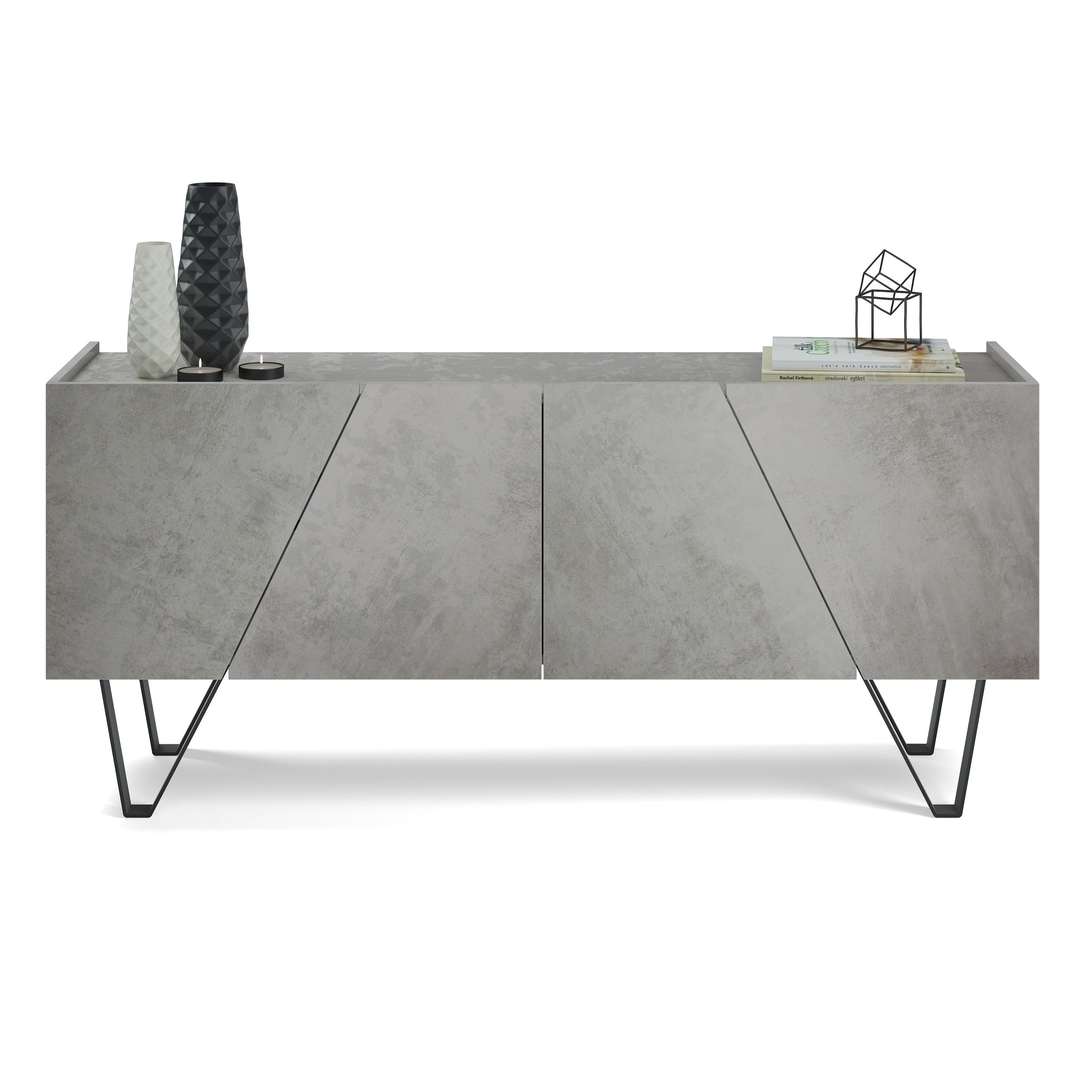 Buffet 4 portes Emma, béton gris, avec pieds noirs