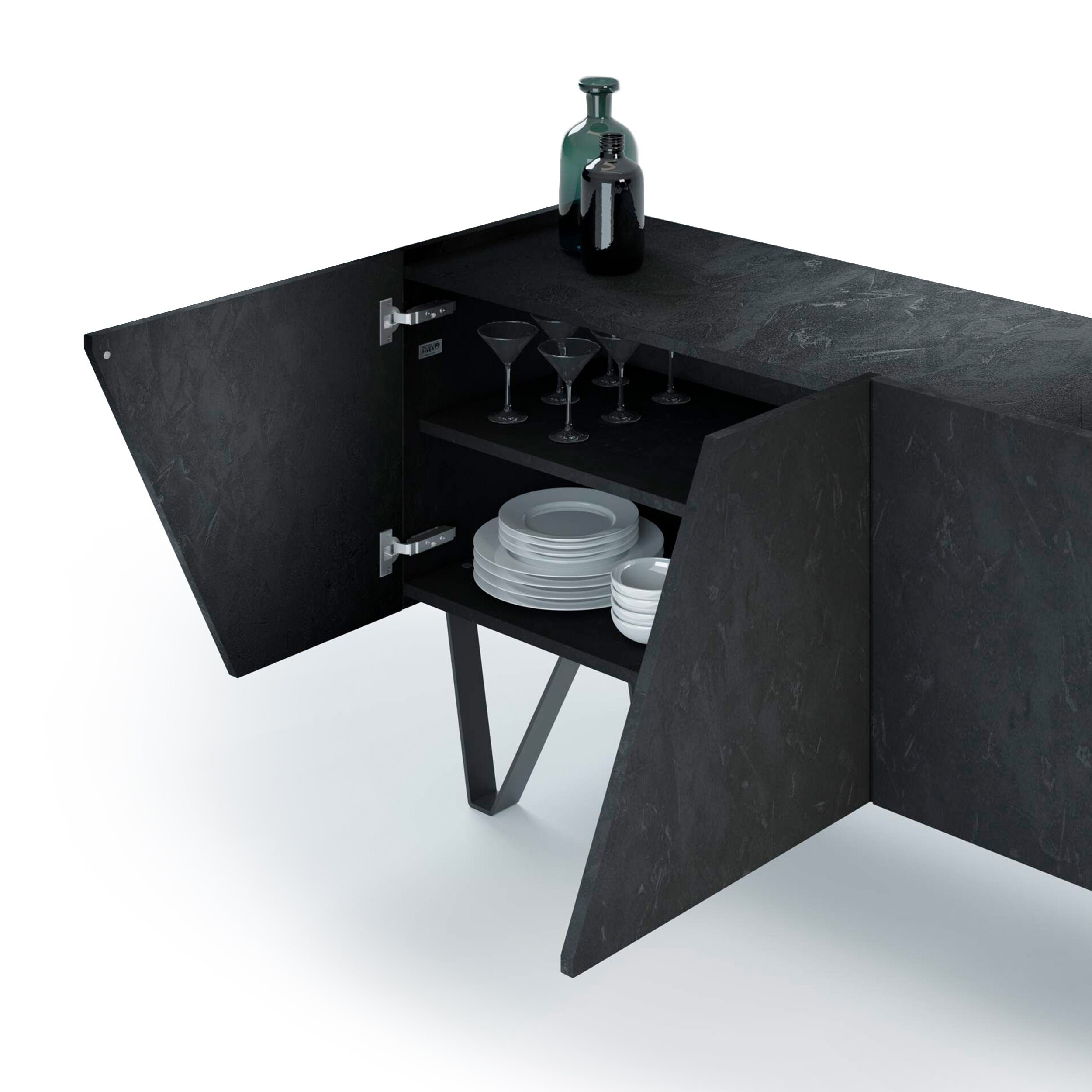 Buffet 4 portes Emma, béton noir, avec pieds noirs