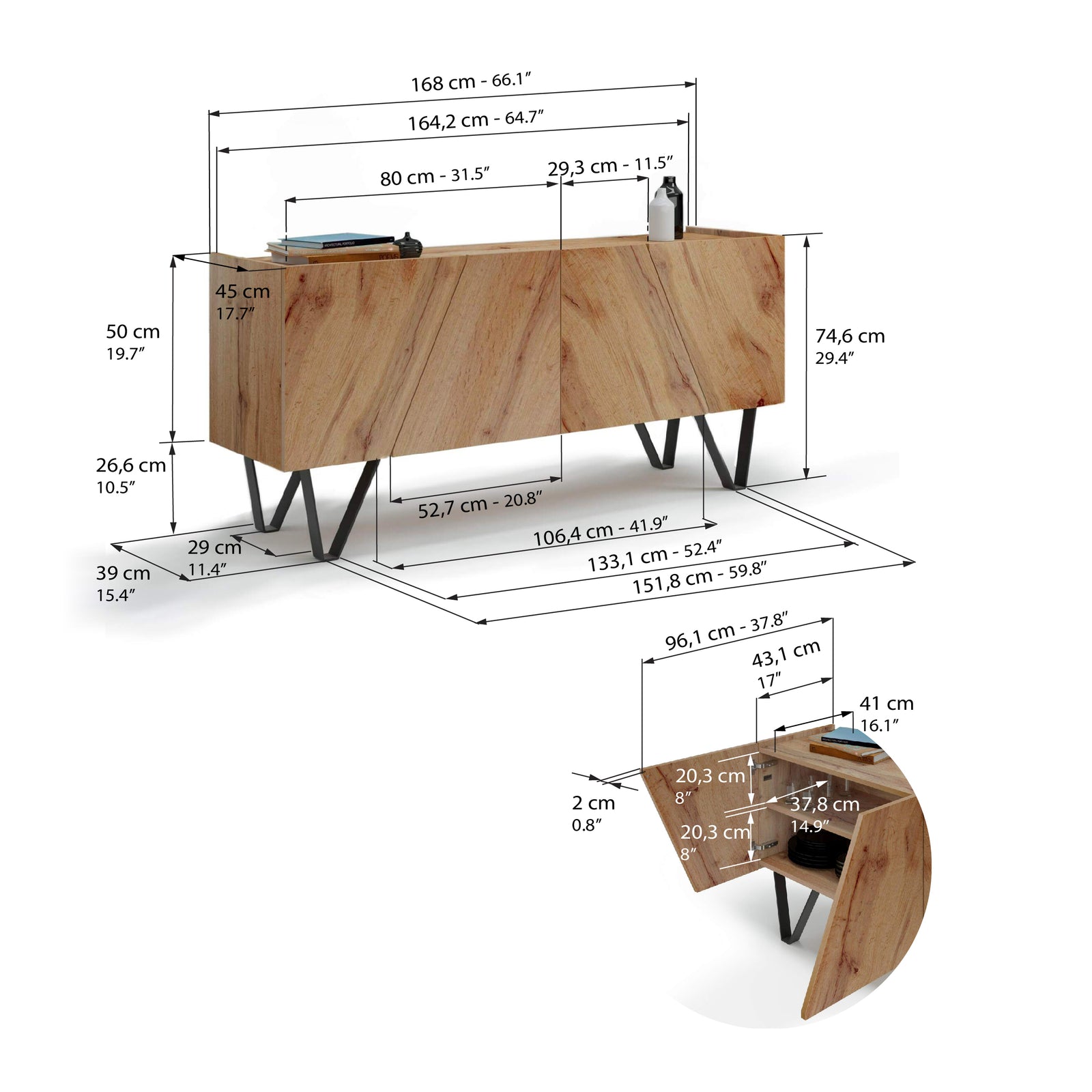Dressoir-Buffet 4 deuren Emma met zwarte poten, Rustiek Eiken - Immagine tecnica 1