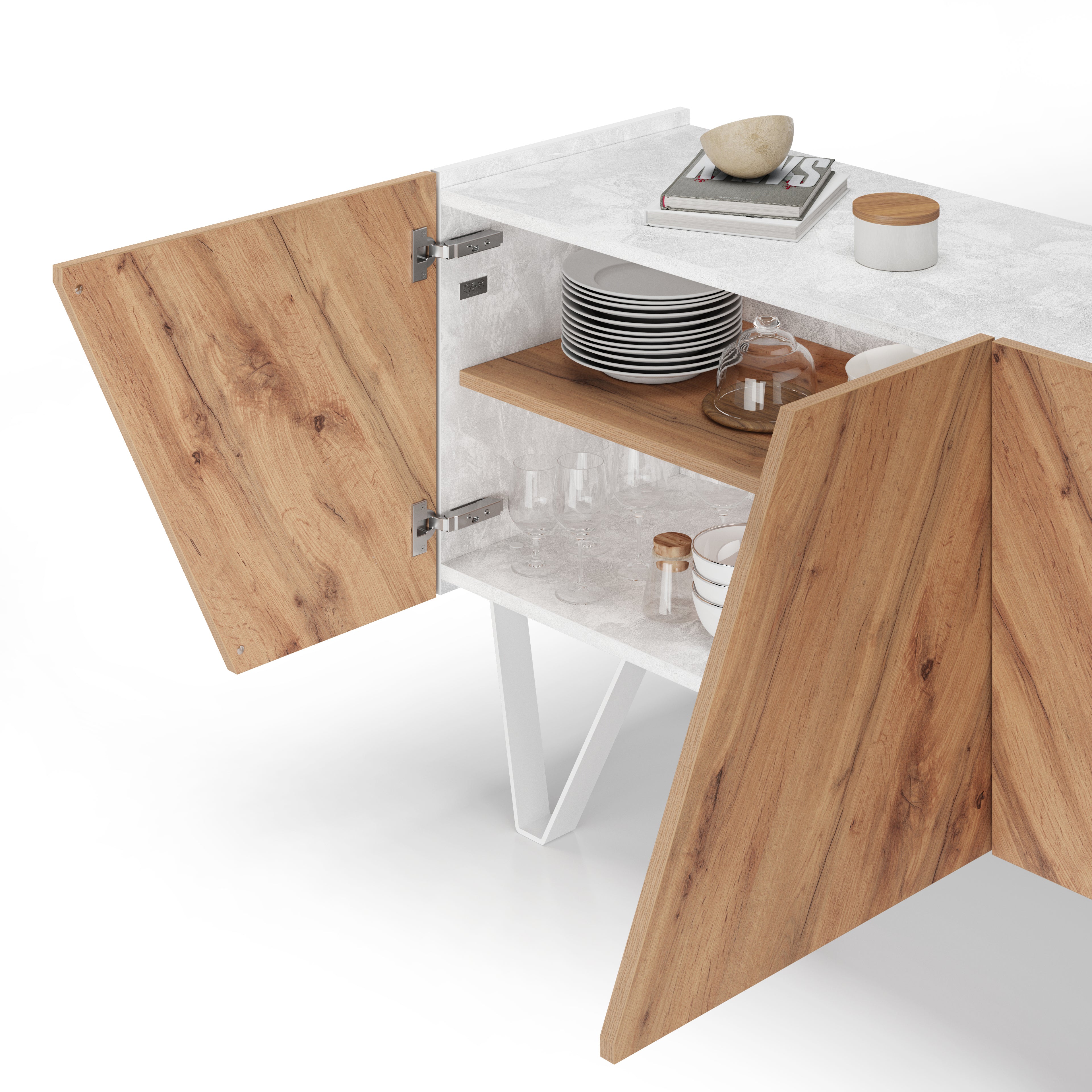 Madia-Buffet 4 ante Emma con gambe bianche, Rovere Rustico e Bianco Cemento - Immagine dettaglio 1