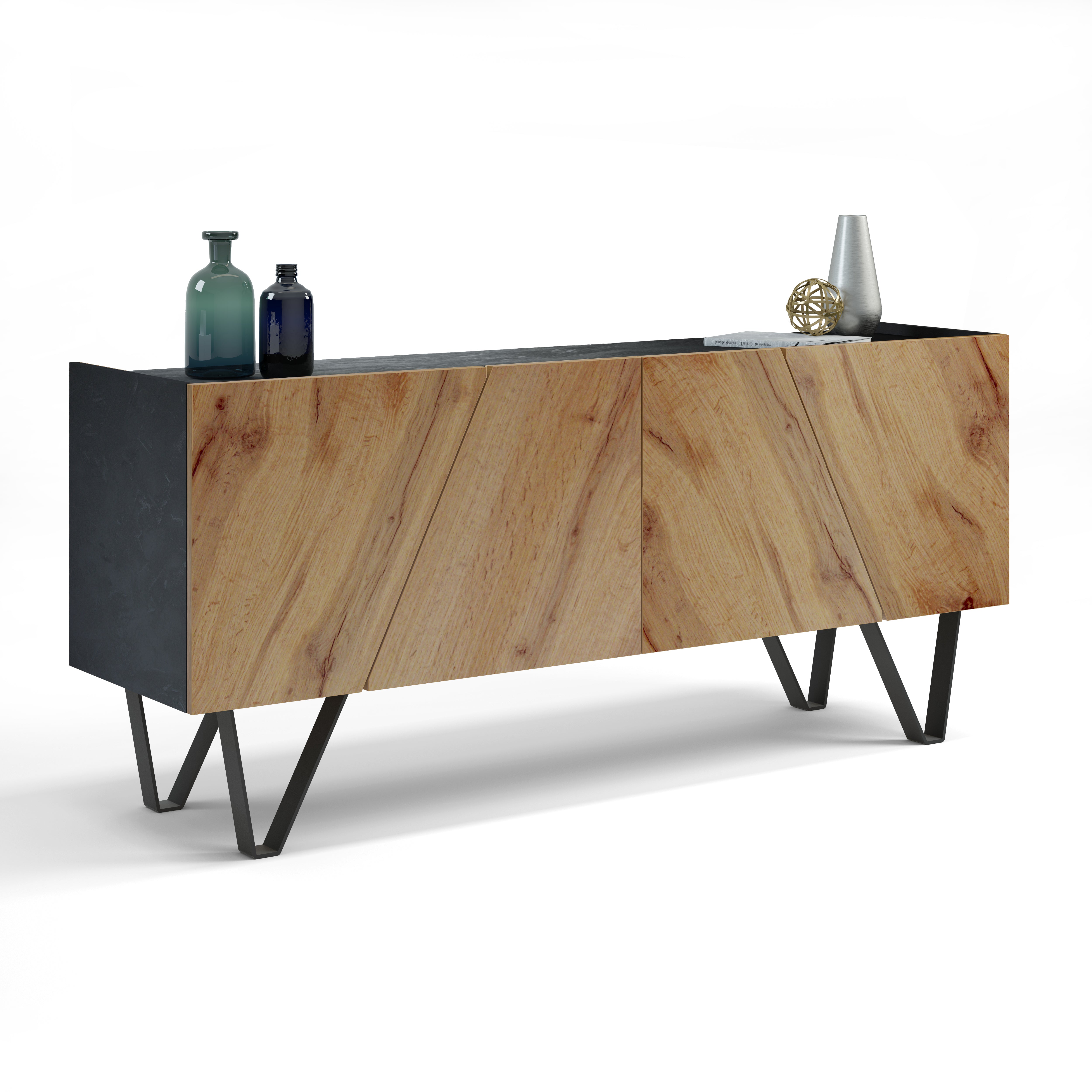 Madia-Buffet 4 ante Emma con gambe nere, Rovere Rustico e Nero Cemento - Immagine dettaglio 2