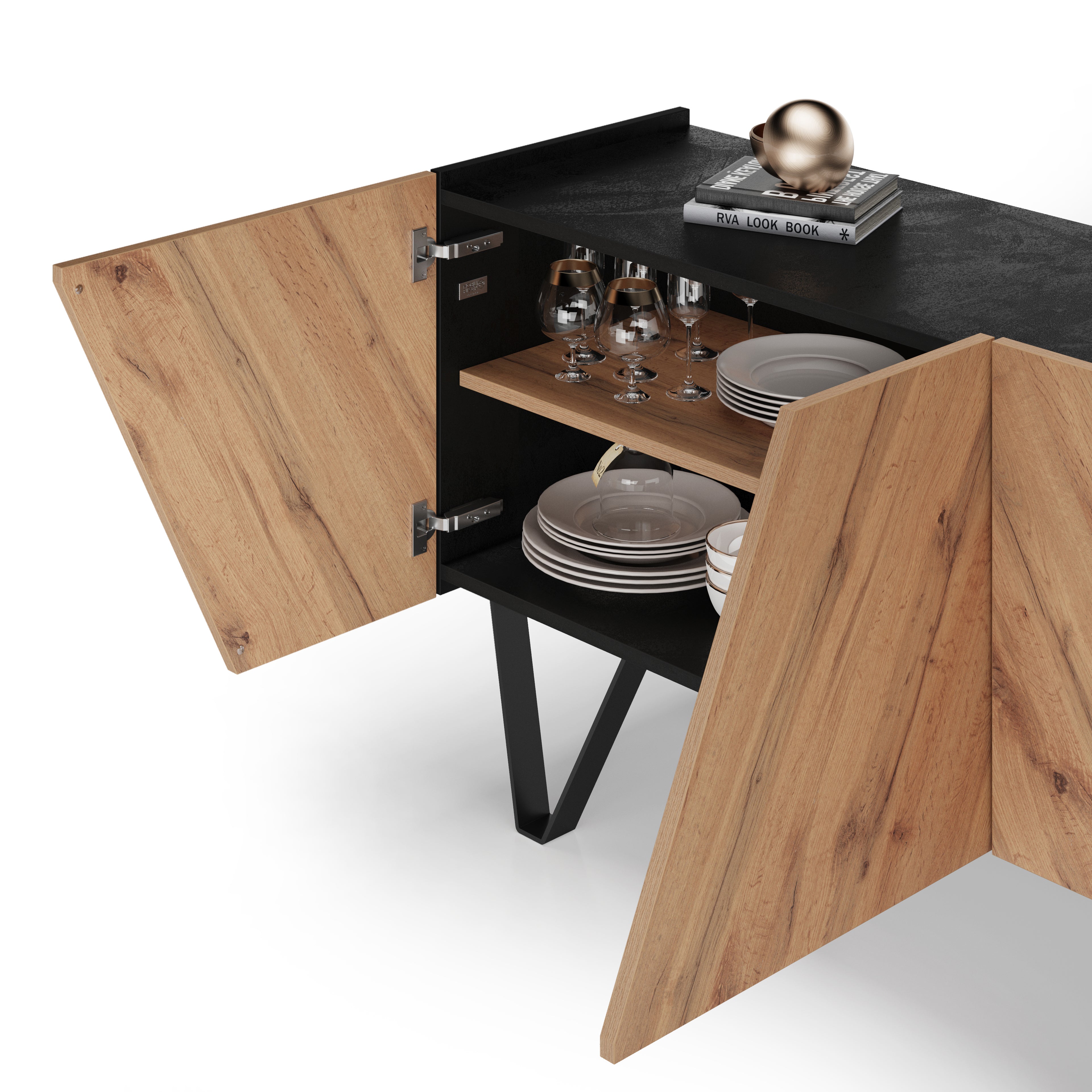 Buffet 4 portes Emma, Noir Béeton et bois rustique, avec pieds noirs