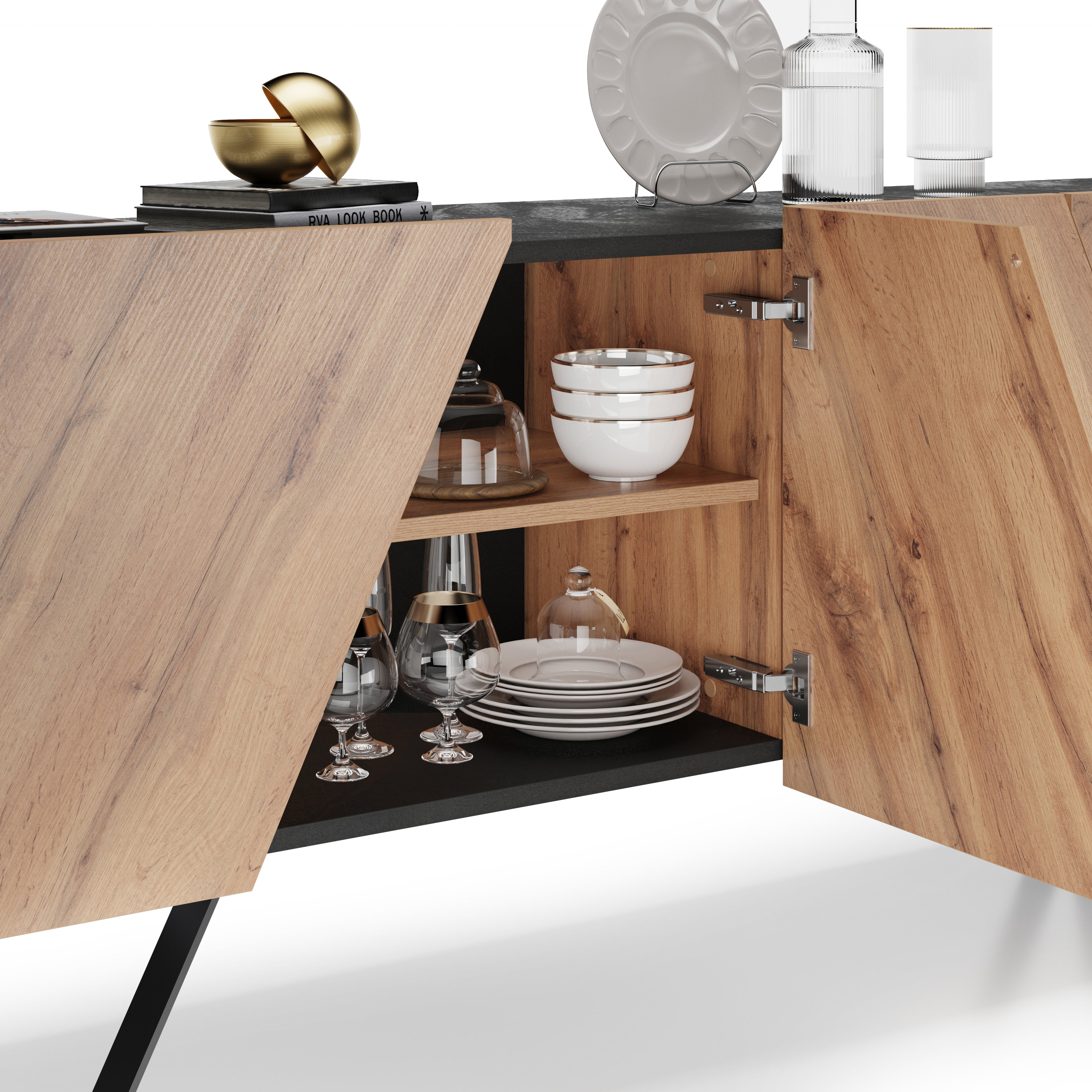 Madia-Buffet 4 ante Emma con gambe nere, Rovere Rustico e Nero Cemento - Immagine dettaglio 3
