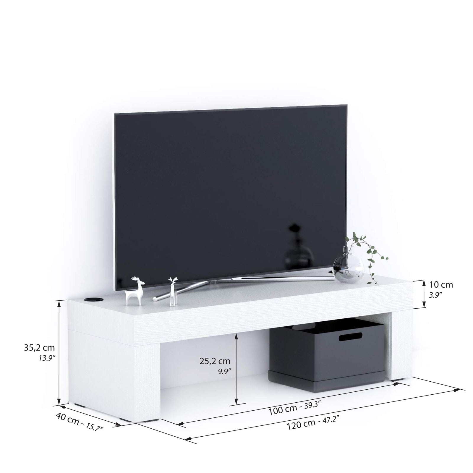 Evolution TV Stand 120x40 with Wireless Charger, Ashwood White - Immagine tecnica 1
