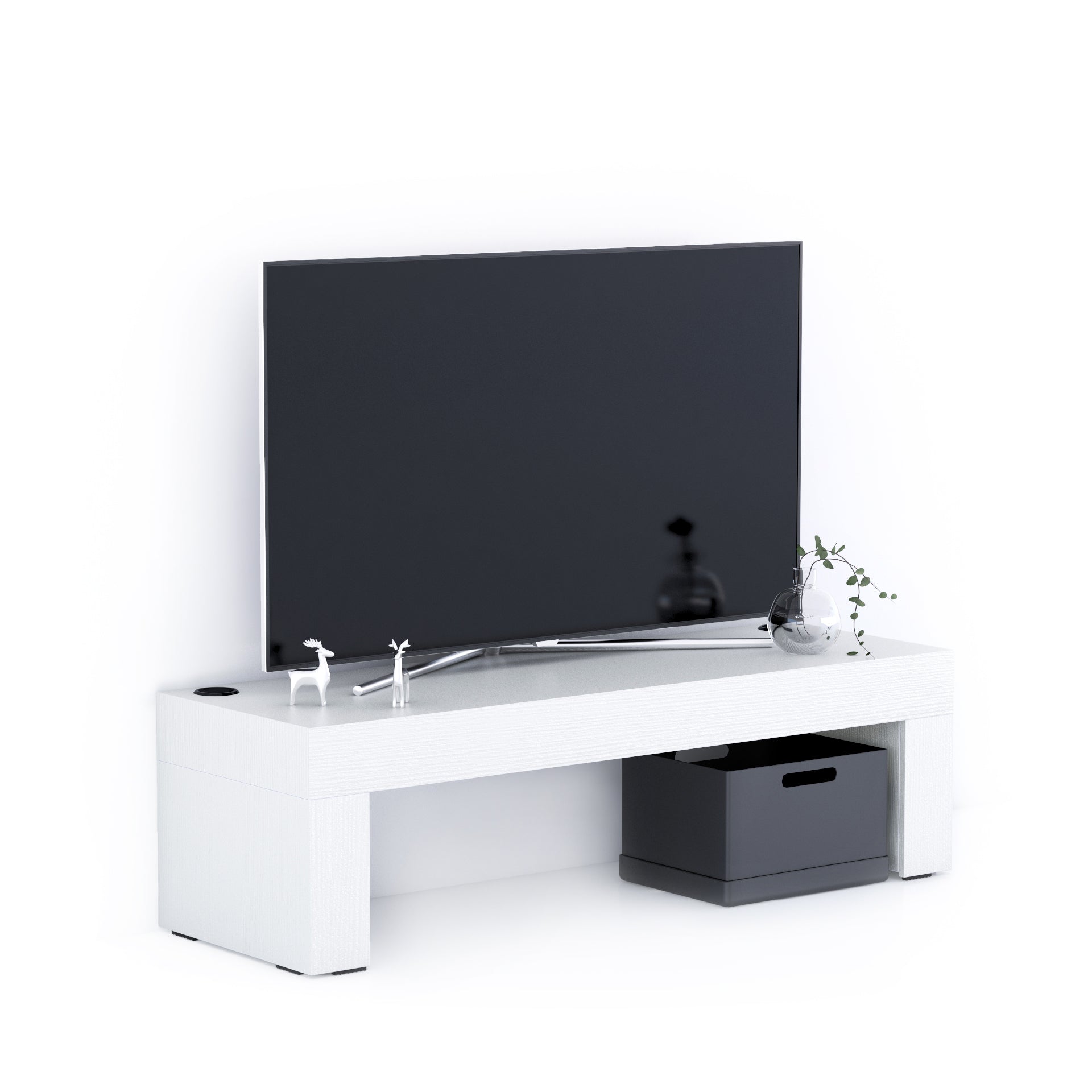 Meuble TV Evolution 120x40, Frêne Blanc avec Chargeur Sans Fil