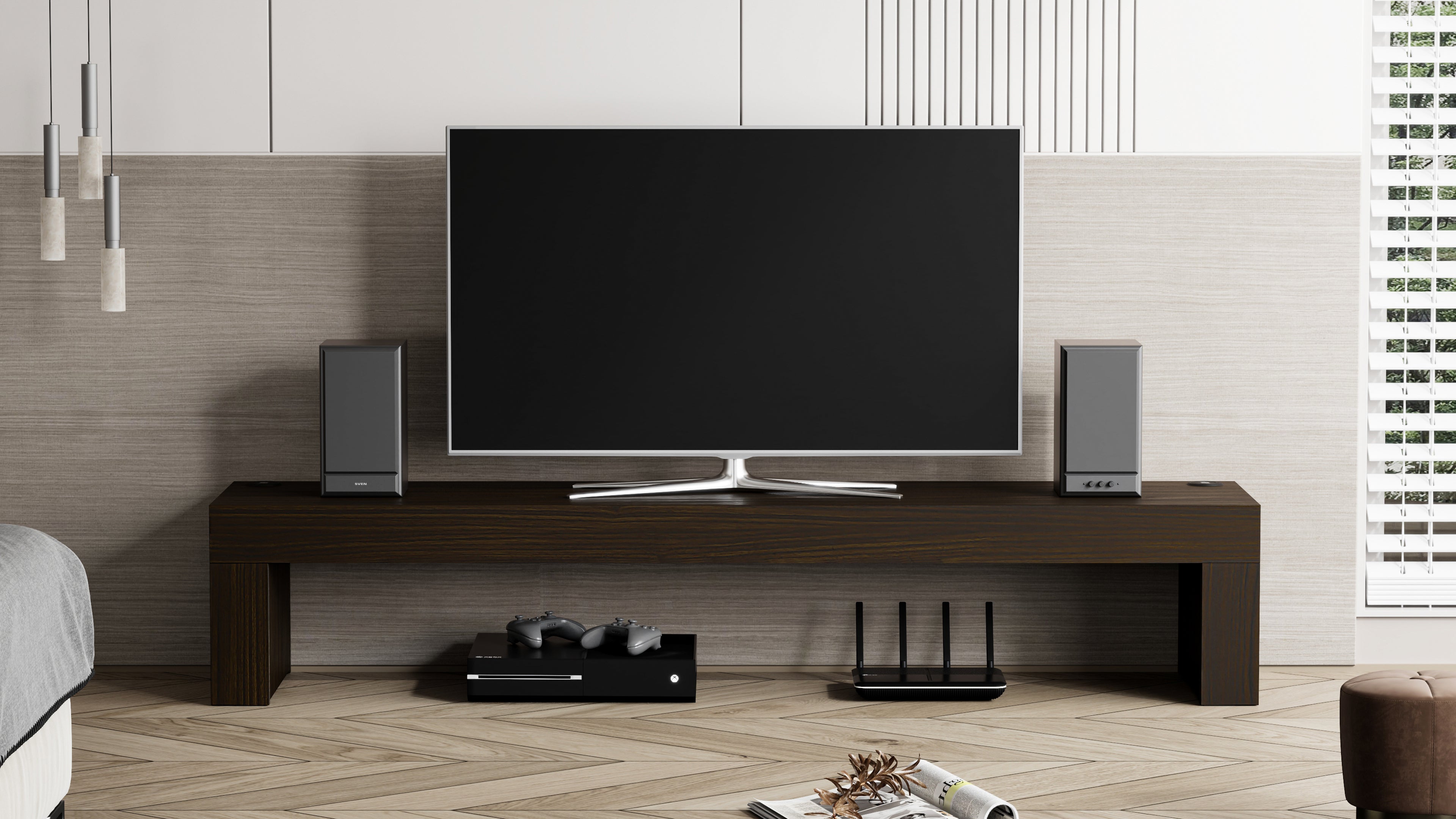 Evolution TV Stand 70.9 x 15.7 in, with Wireless Charger, Dark Walnut - Set image 1