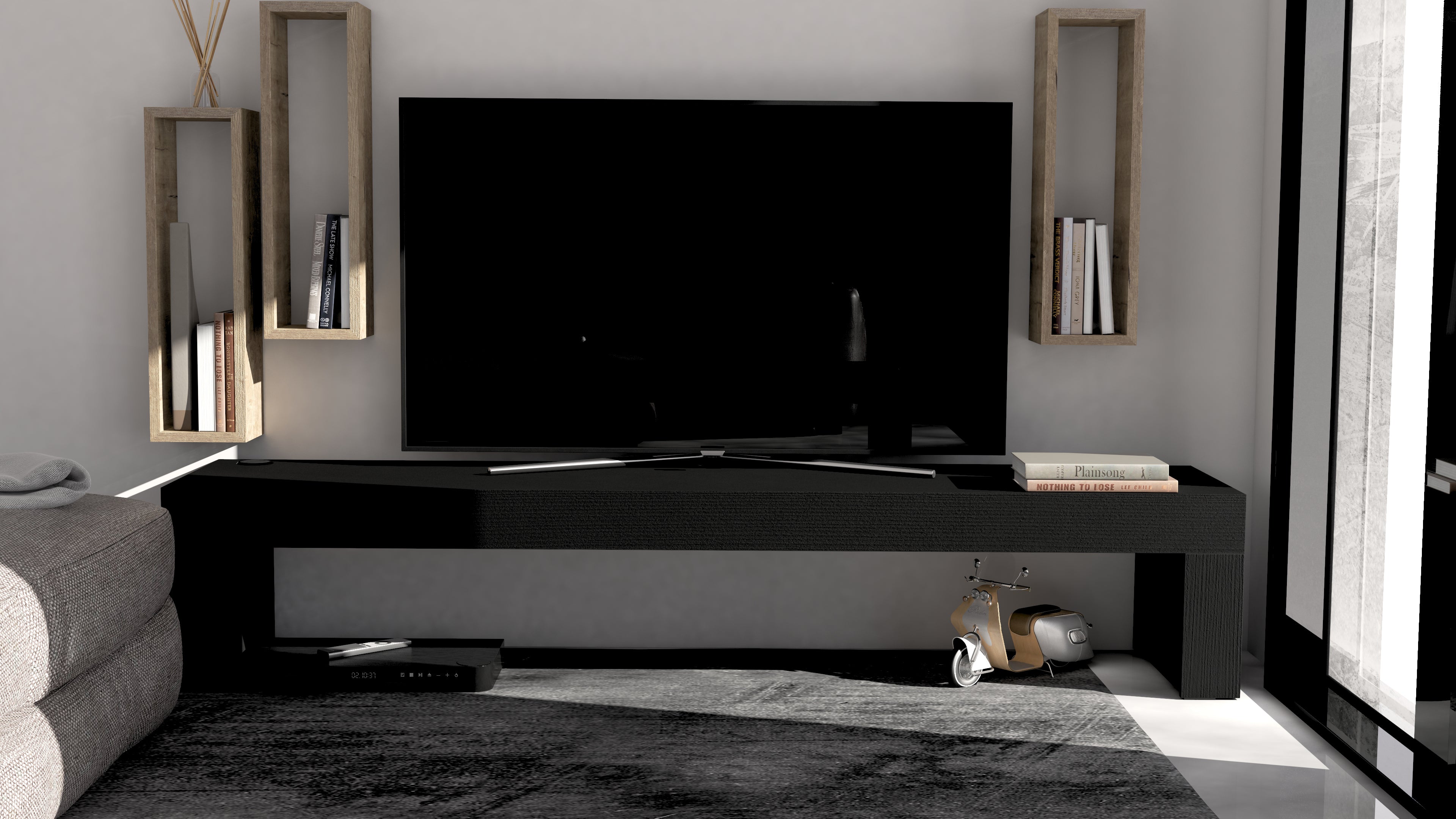 Evolution TV Stand 70.8x15.7 in, with Wireless Charger, Concrete Effect, Grey - Set image 1