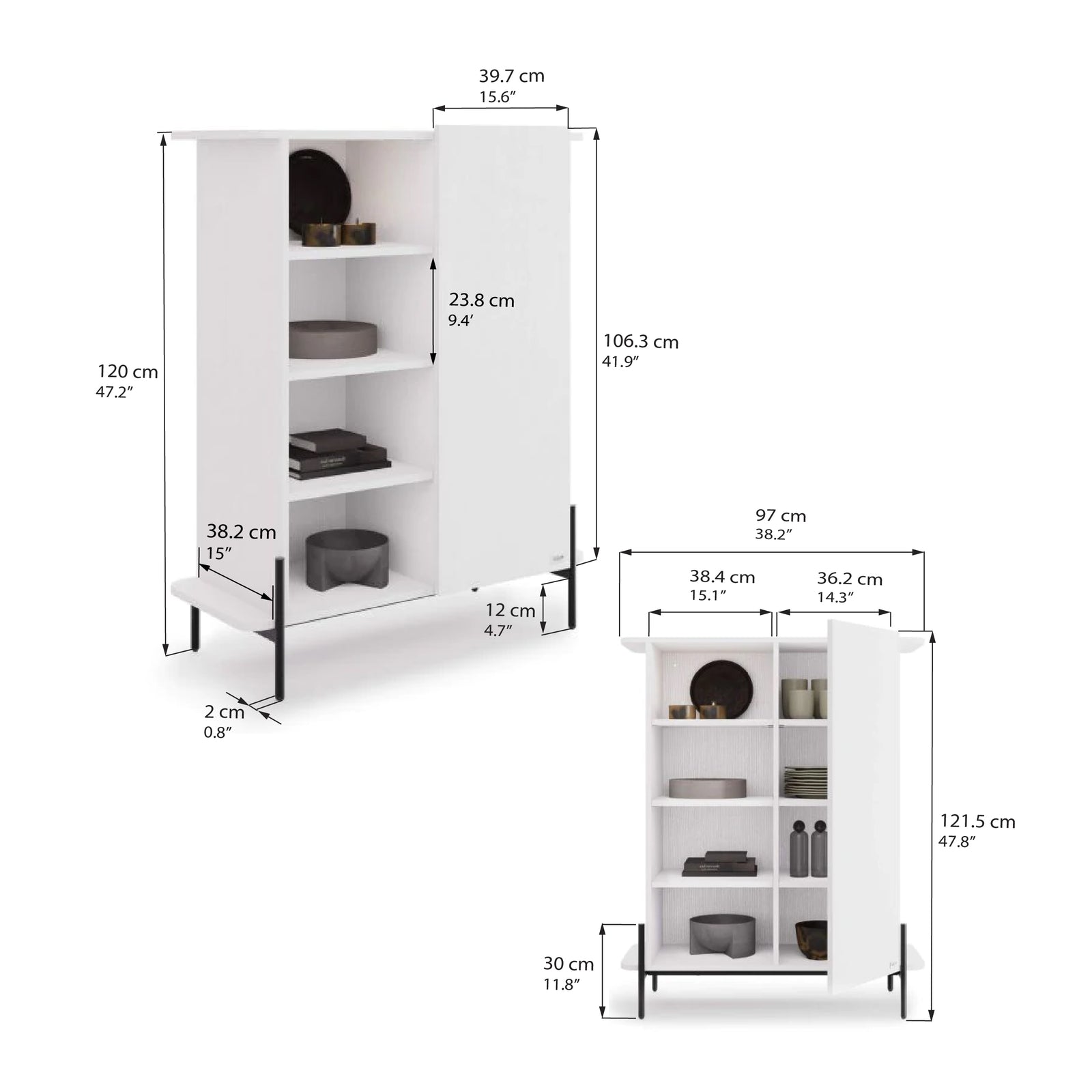 Olivia Tall Sideboard with 1 Door 38.2x15.9x47.2 in, Ashwood White - Immagine tecnica 1