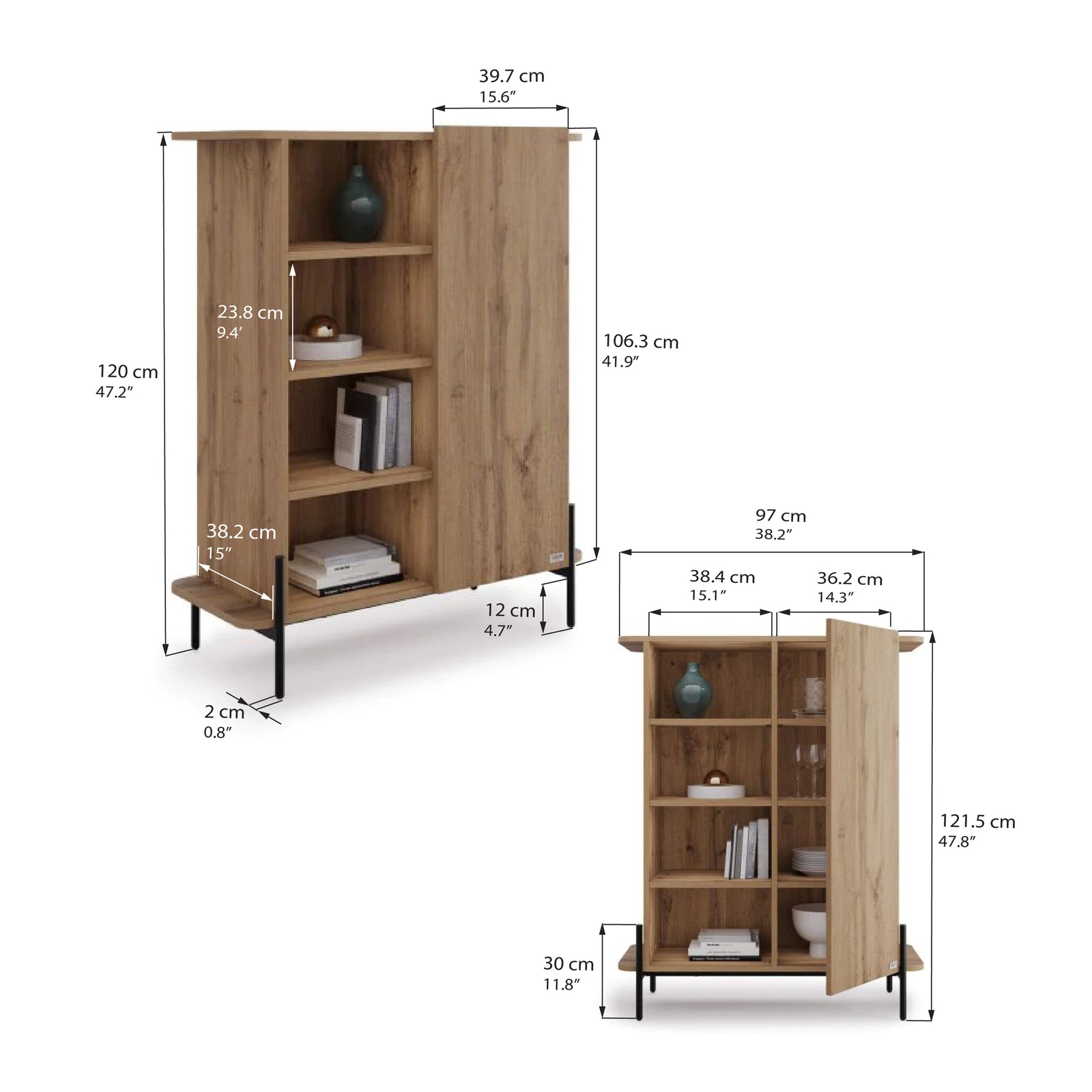 Olivia Tall Sideboard with 1 Door (97x40,3x120 cm), Rustic Oak - Immagine tecnica 1