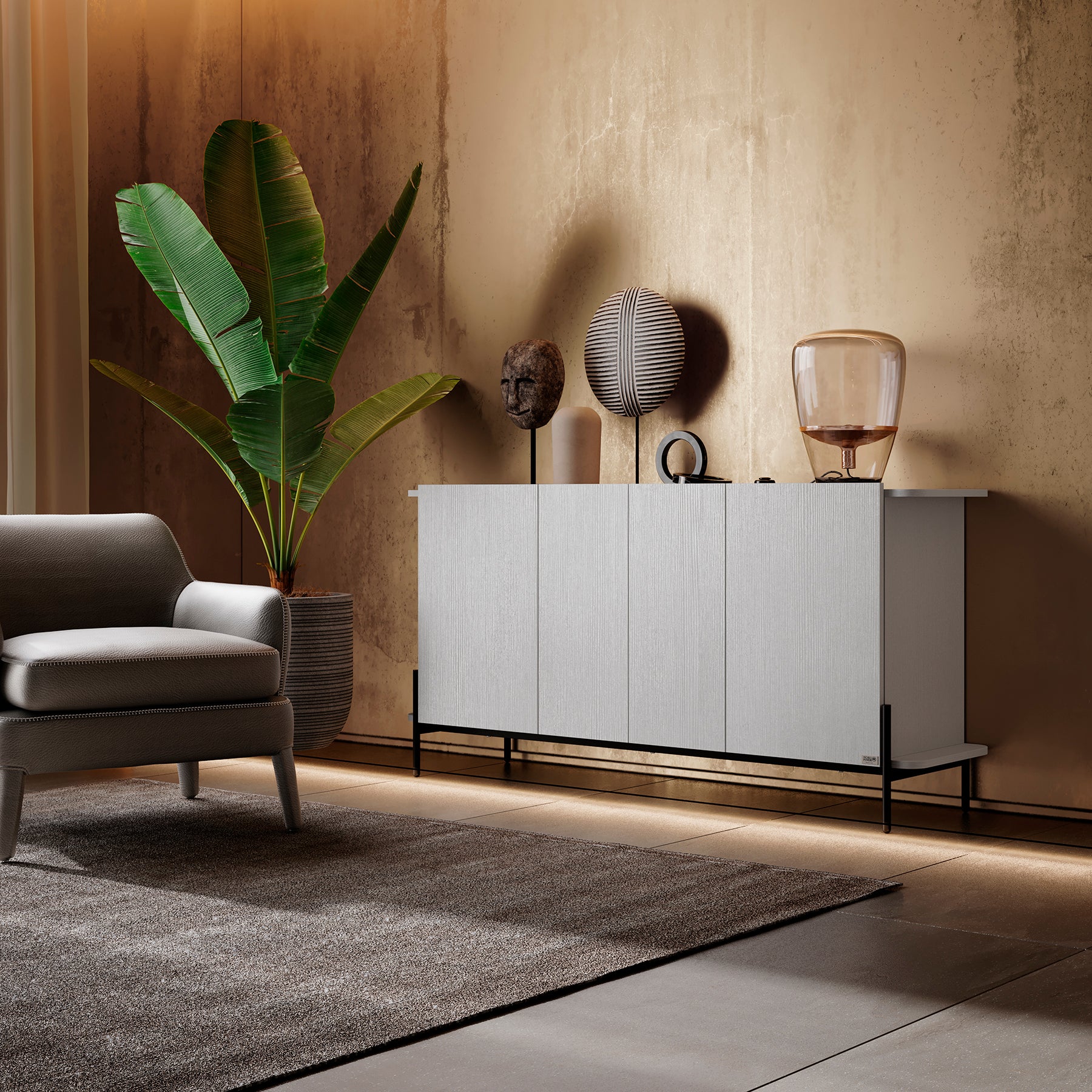 Olivia Sideboard mit 4 Türen (167x40,3x81,7 cm), Esche, Weiß - Set image 1