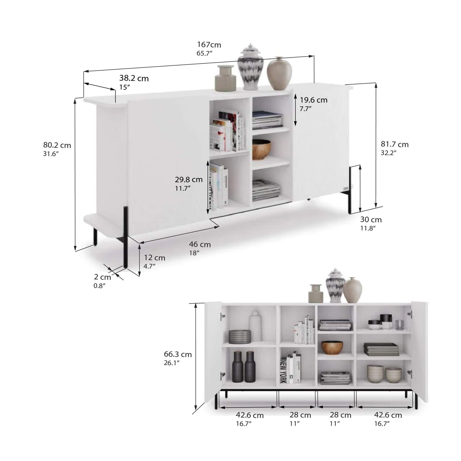 Olivia Sideboard mit 2 Türen (167x40,3x81,7 cm), Esche, Weiß - Immagine tecnica 1
