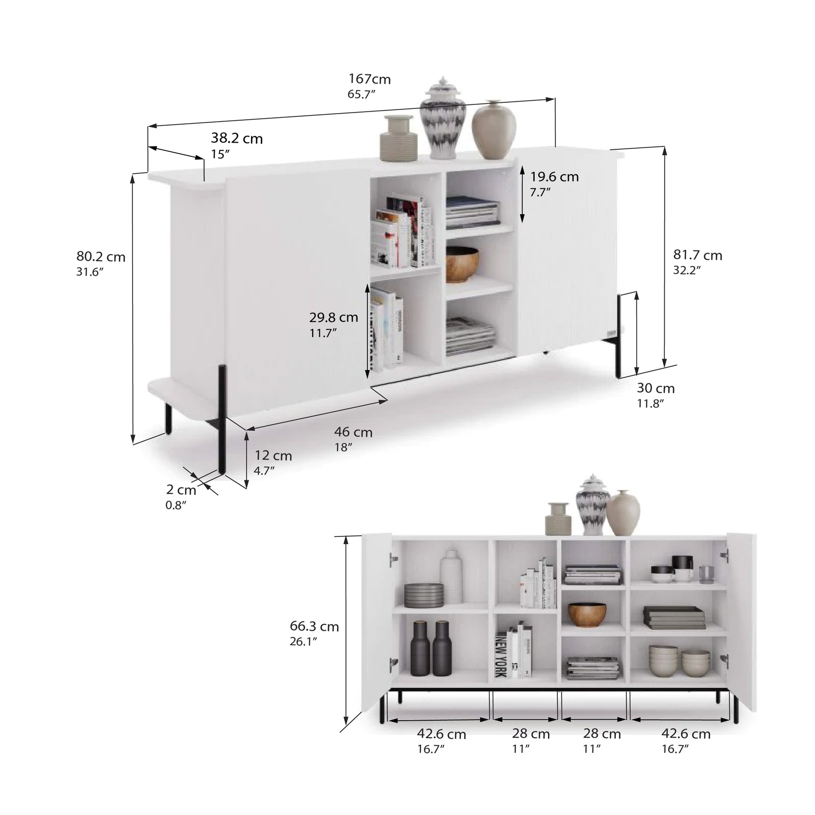 Olivia Sideboard with 2 Doors (167x40,3x81,7 cm), Ashwood White - Immagine tecnica 1