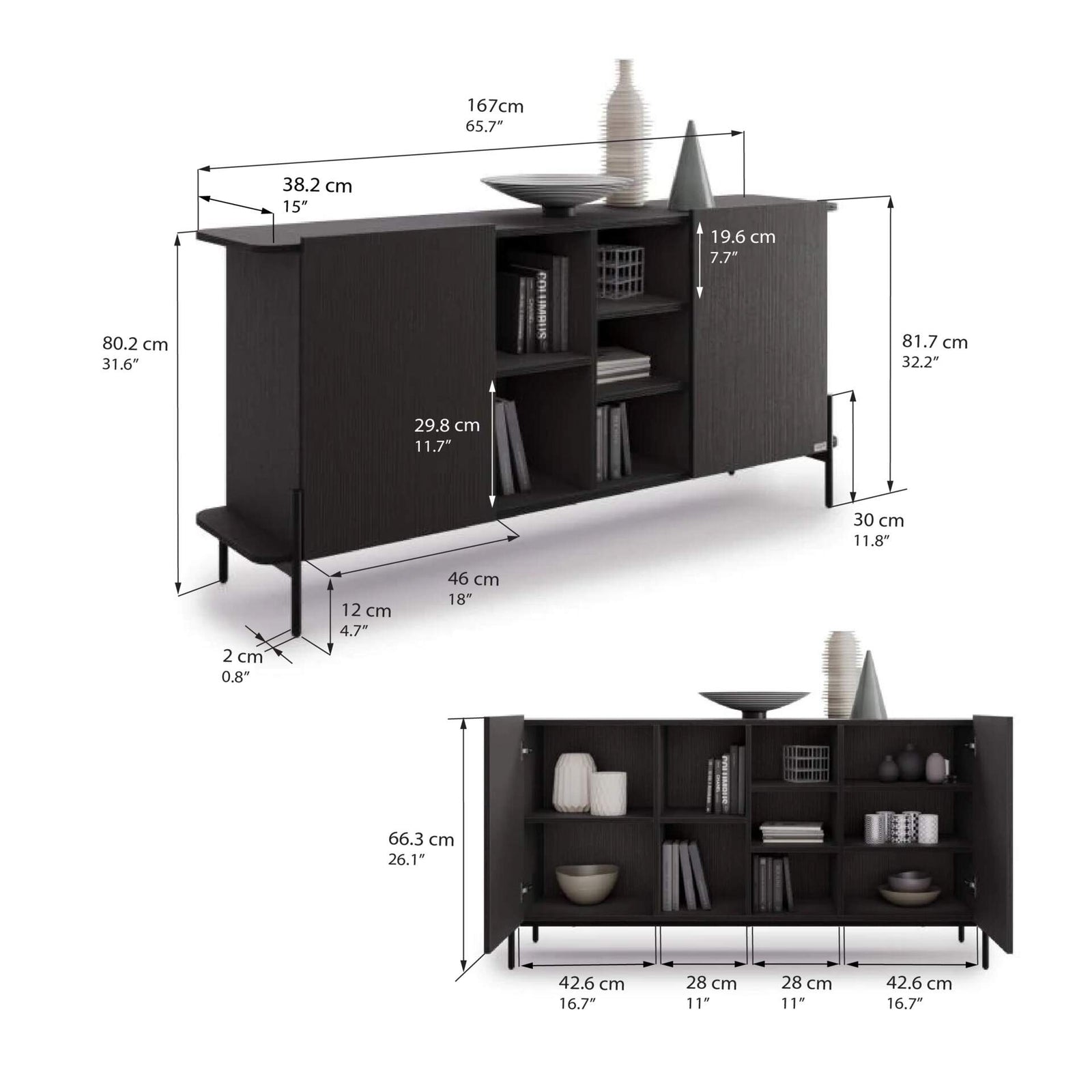 Olivia Sideboard mit 2 Türen (167x40,3x81,7 cm), Esche, Schwarz - Immagine tecnica 1