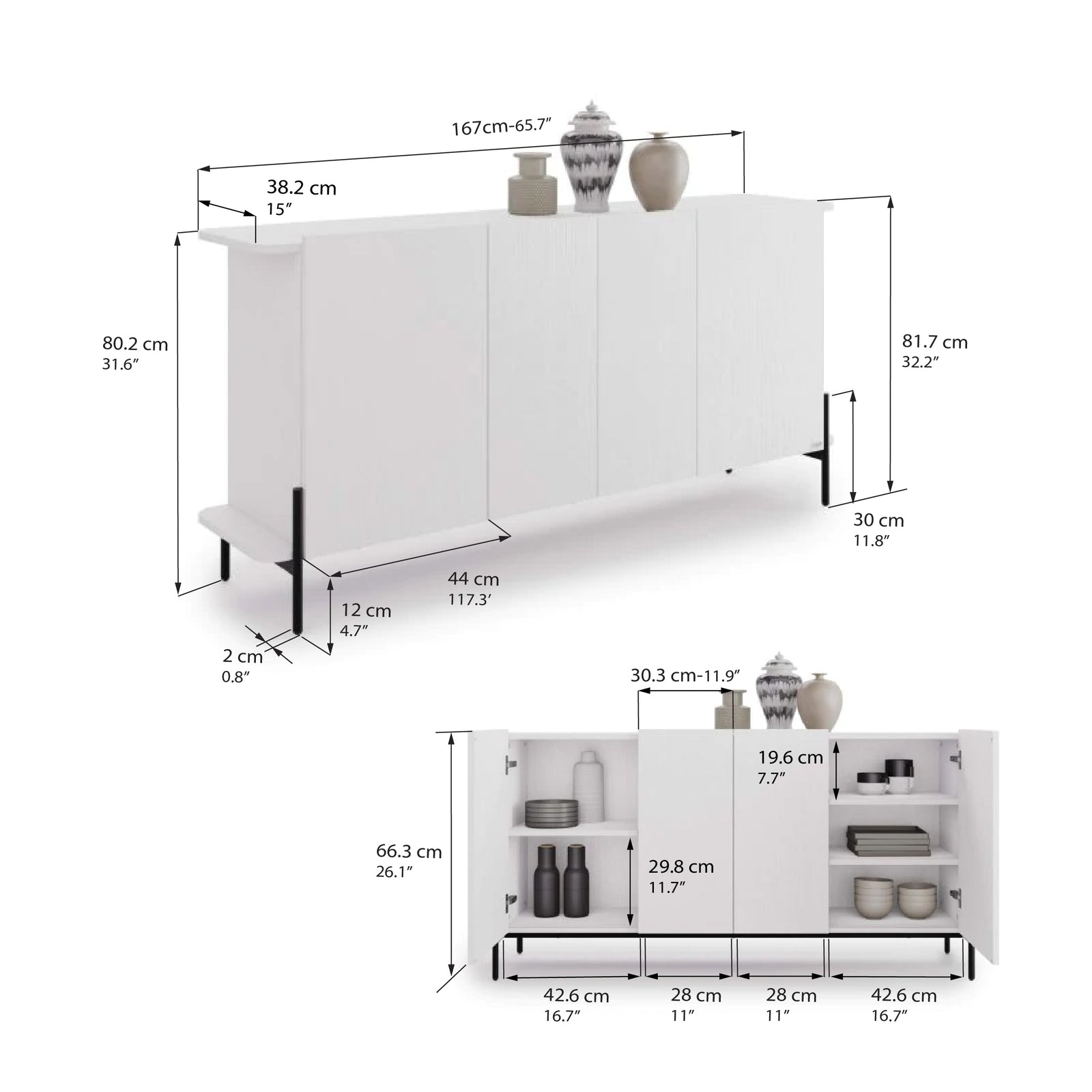 Olivia Sideboard with 4 Doors (167x40,3x81,7 cm), Ashwood White - Immagine tecnica 1