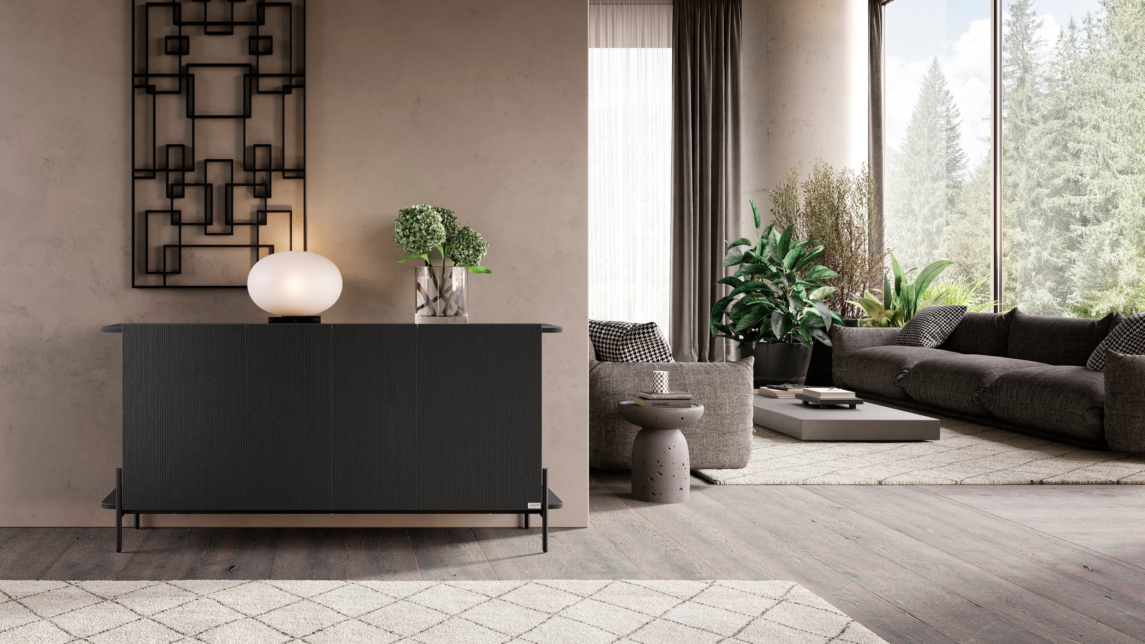 Olivia Sideboard mit 4 Türen (167x40,3x81,7 cm), Esche, Schwarz - Set image 2