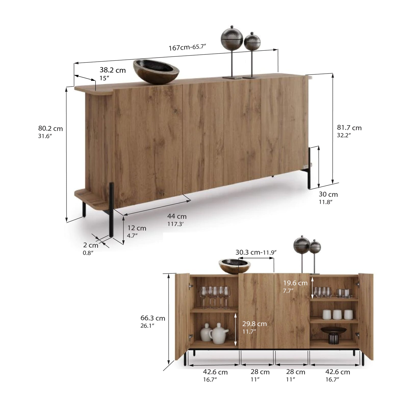 Olivia Dressoir met 4 Deuren (167x40,3x81,7 cm), Rustiek Eiken - Immagine tecnica 1