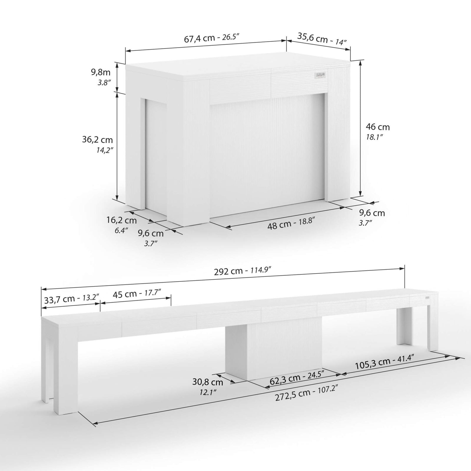 Rachele Extendable Bench 27(115)x14 in, Ashwood White - Immagine tecnica 1