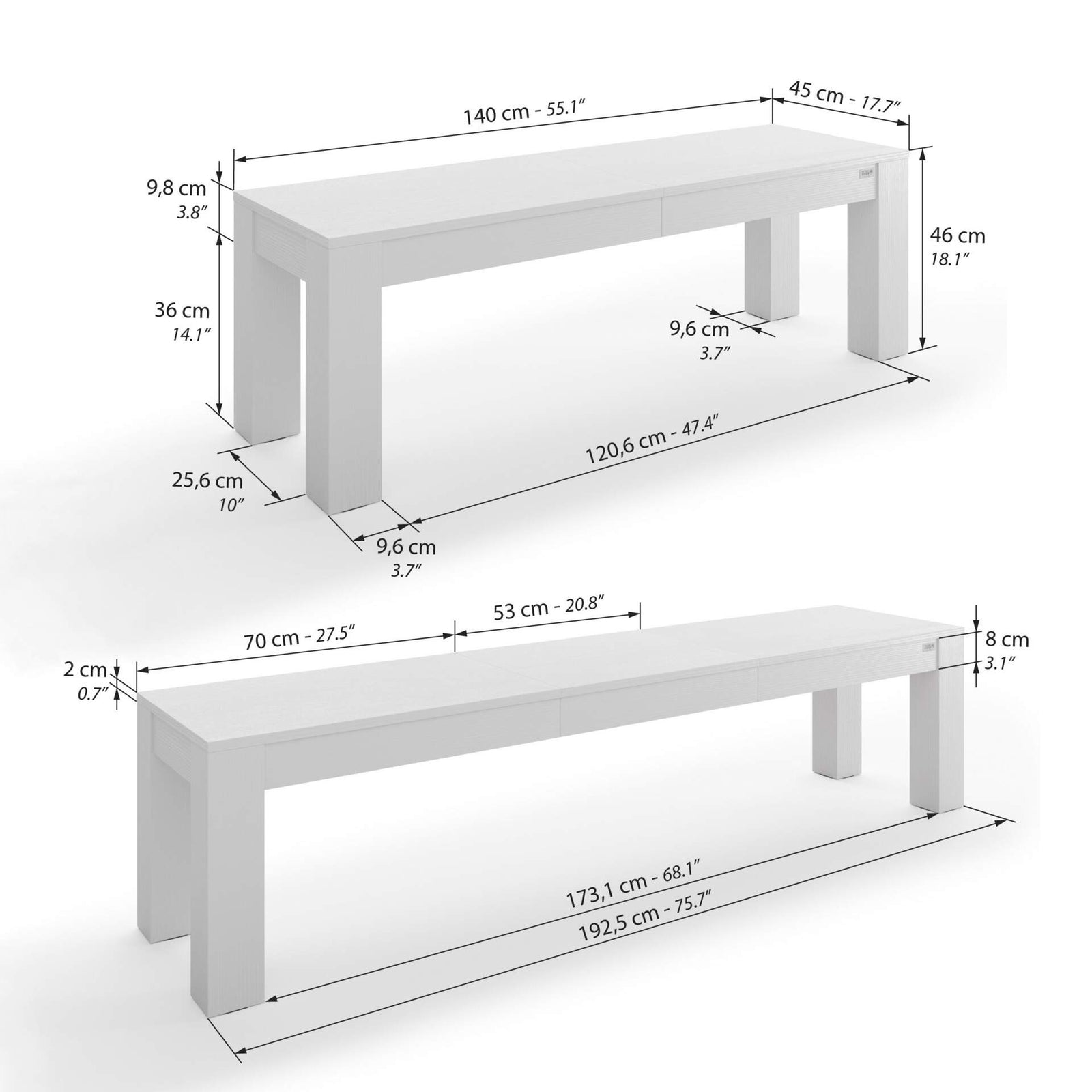 Uitschuifbare tafel Rachele 160(225)x90 cm + 2 uitschuifbare banken Rachele 140(192,5)x45 cm, Wit Essen - Immagine tecnica 3