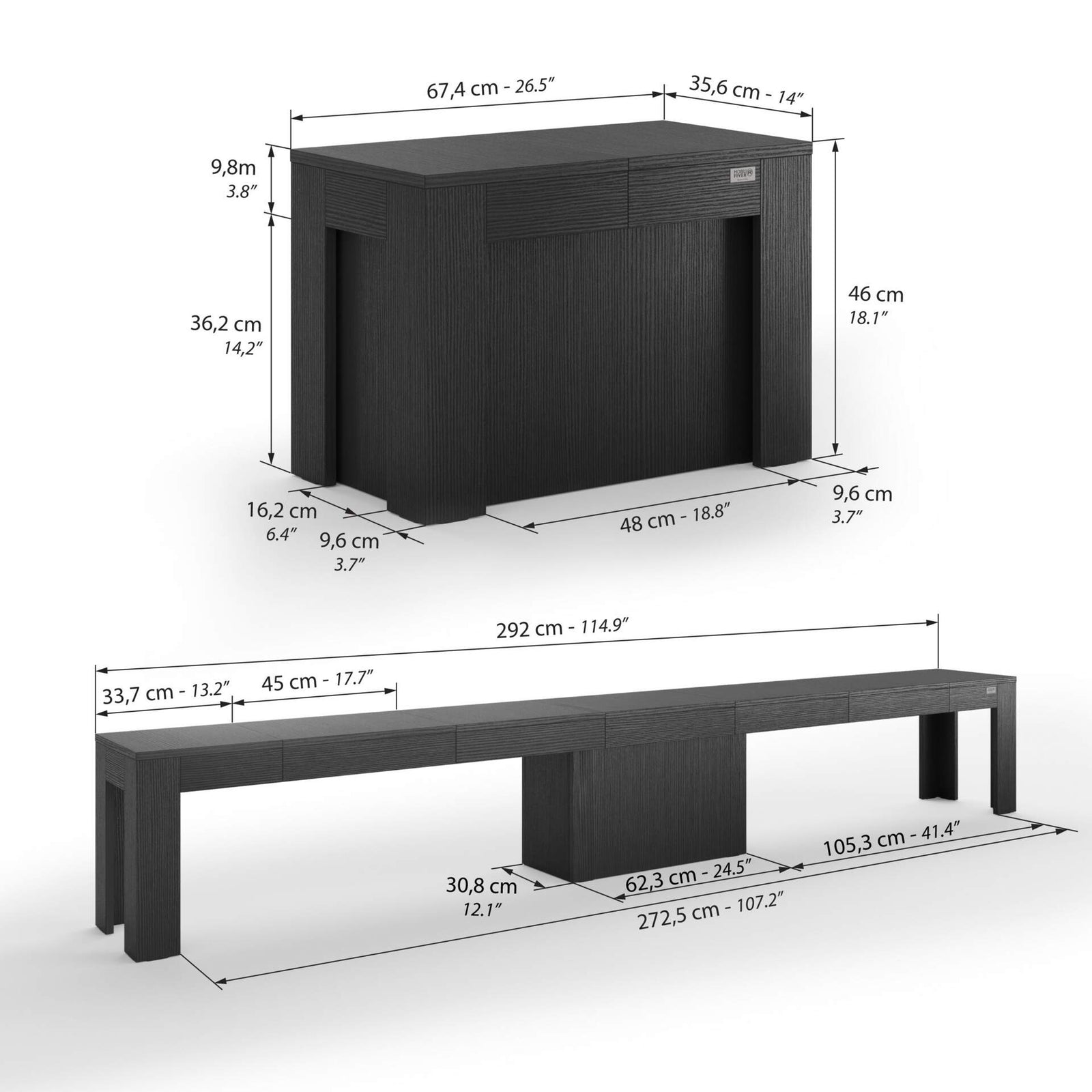 Consolle allungabile Rachele 46(306)x90 cm + 2 Panche allungabili Rachele 67,5(292)x35 cm, Nero Frassino - Immagine tecnica 2