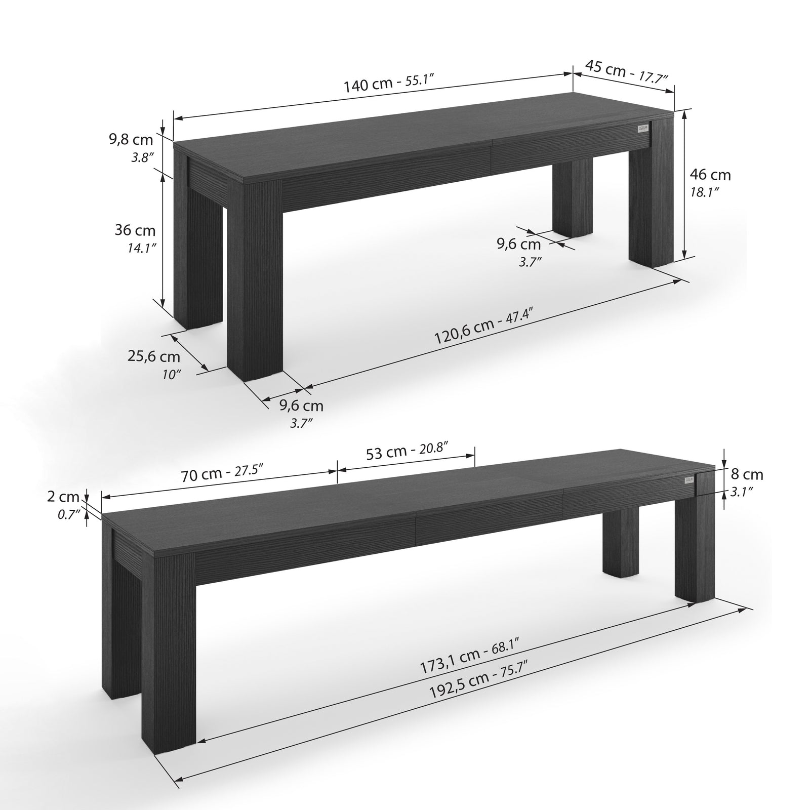 Masă extensibilă Rachele 160(225)x90 cm + 2 bănci extensibile Rachele 140(192,5)x45 cm, Negru Frasin - Immagine tecnica 3