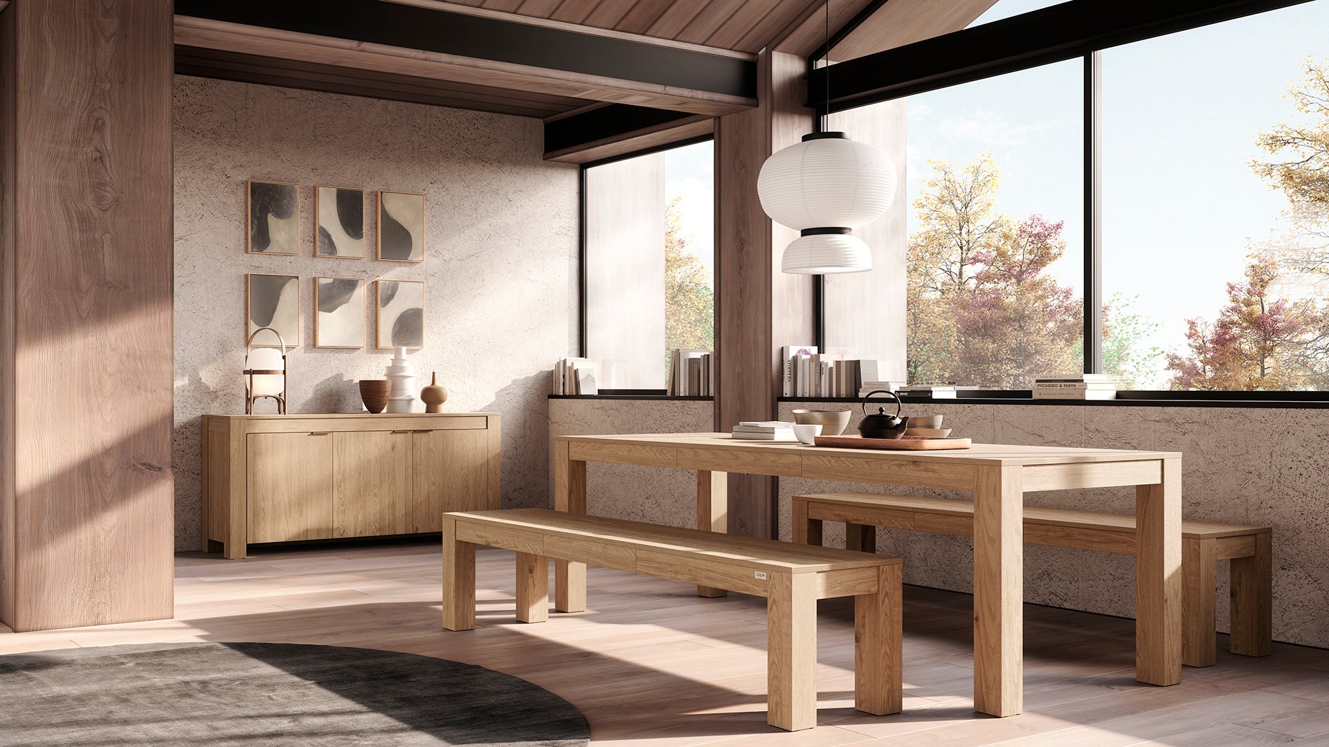 Ausziehbarer Tisch Rachele 160(225)x90 cm + 2 ausziehbare Bänke Rachele 140(192,5)x45 cm, Wildeiche - Set image 2