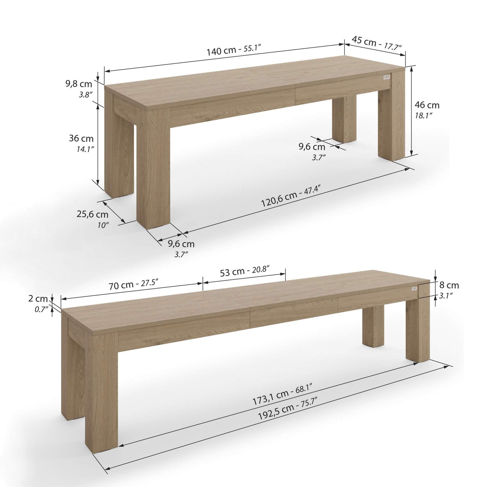 Ausziehbarer Tisch Rachele 160(225)x90 cm + 2 ausziehbare Bänke Rachele 140(192,5)x45 cm, Wildeiche - Immagine tecnica 3