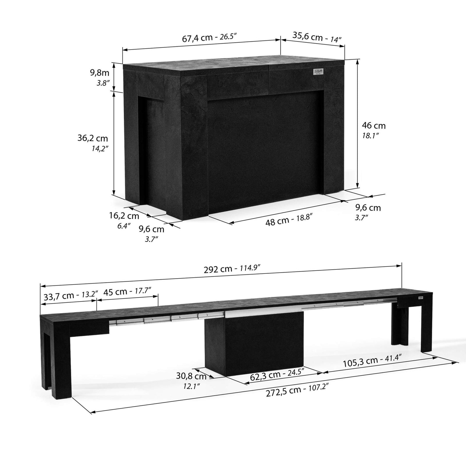 Ausziehbare Bank X 67,5(292)x35,6 cm, Schwarzer Beton - Immagine tecnica 1