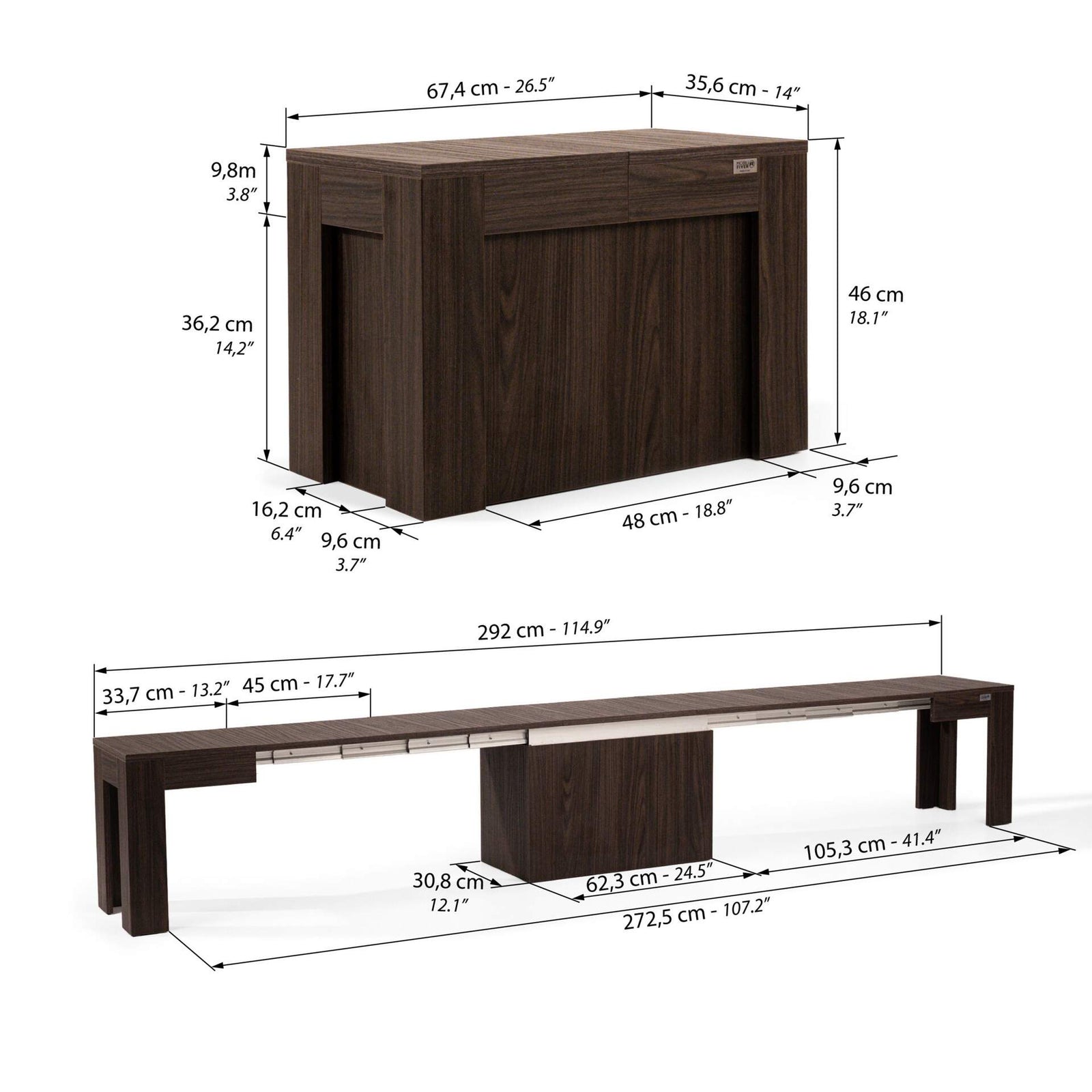 Banc Extensible X 67,5(292)x35,6 cm, Noyer Américain - Immagine tecnica 1