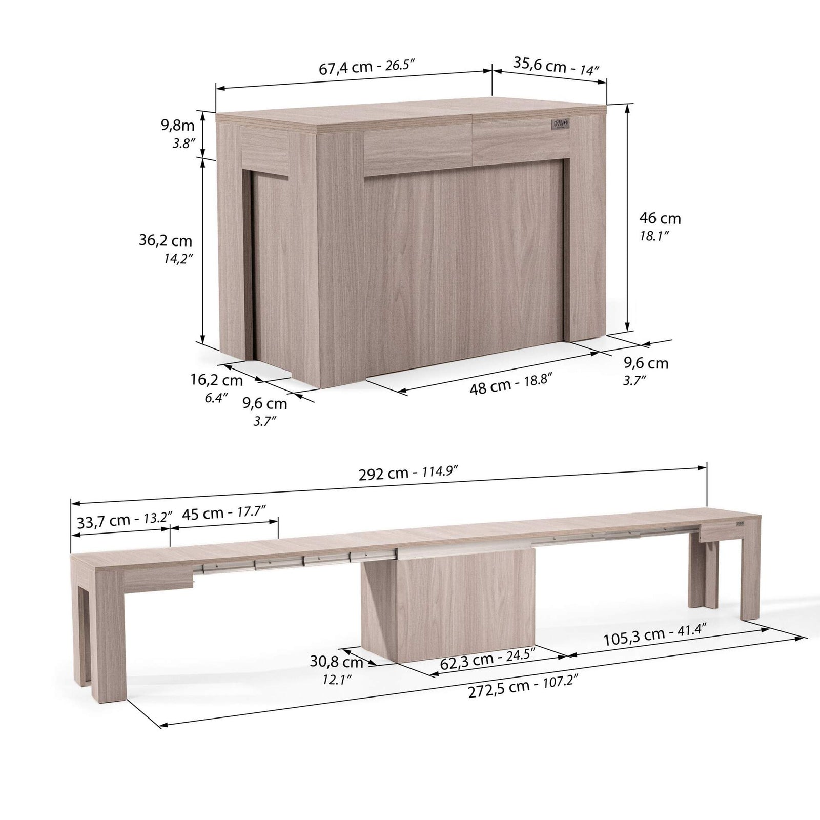 Banc Extensible X 67,5(292)x35,6 cm, Orme Perle - Immagine tecnica 1