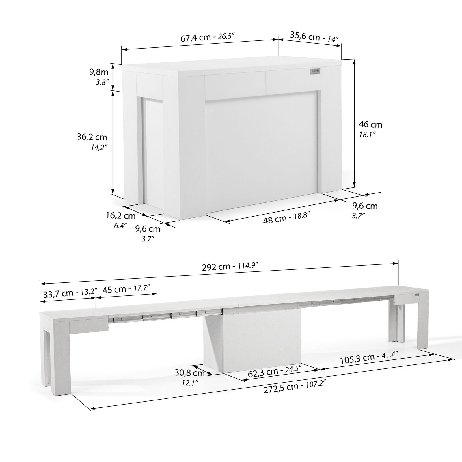 X Extendable Bench 67,5(292)x35,6 cm, Ashwood White - Immagine tecnica 1