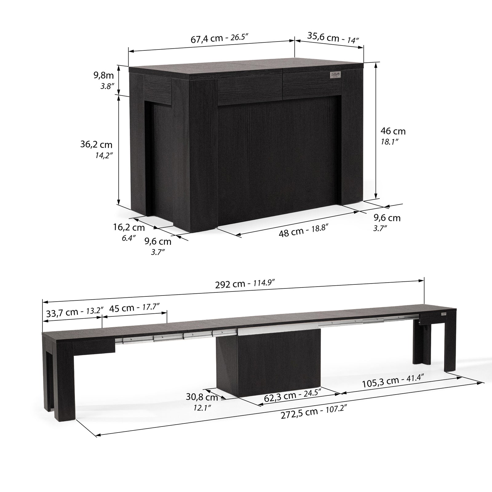 Ausziehbare Bank X 67,5(292)x35,6 cm, Esche Schwarz - Immagine tecnica 1
