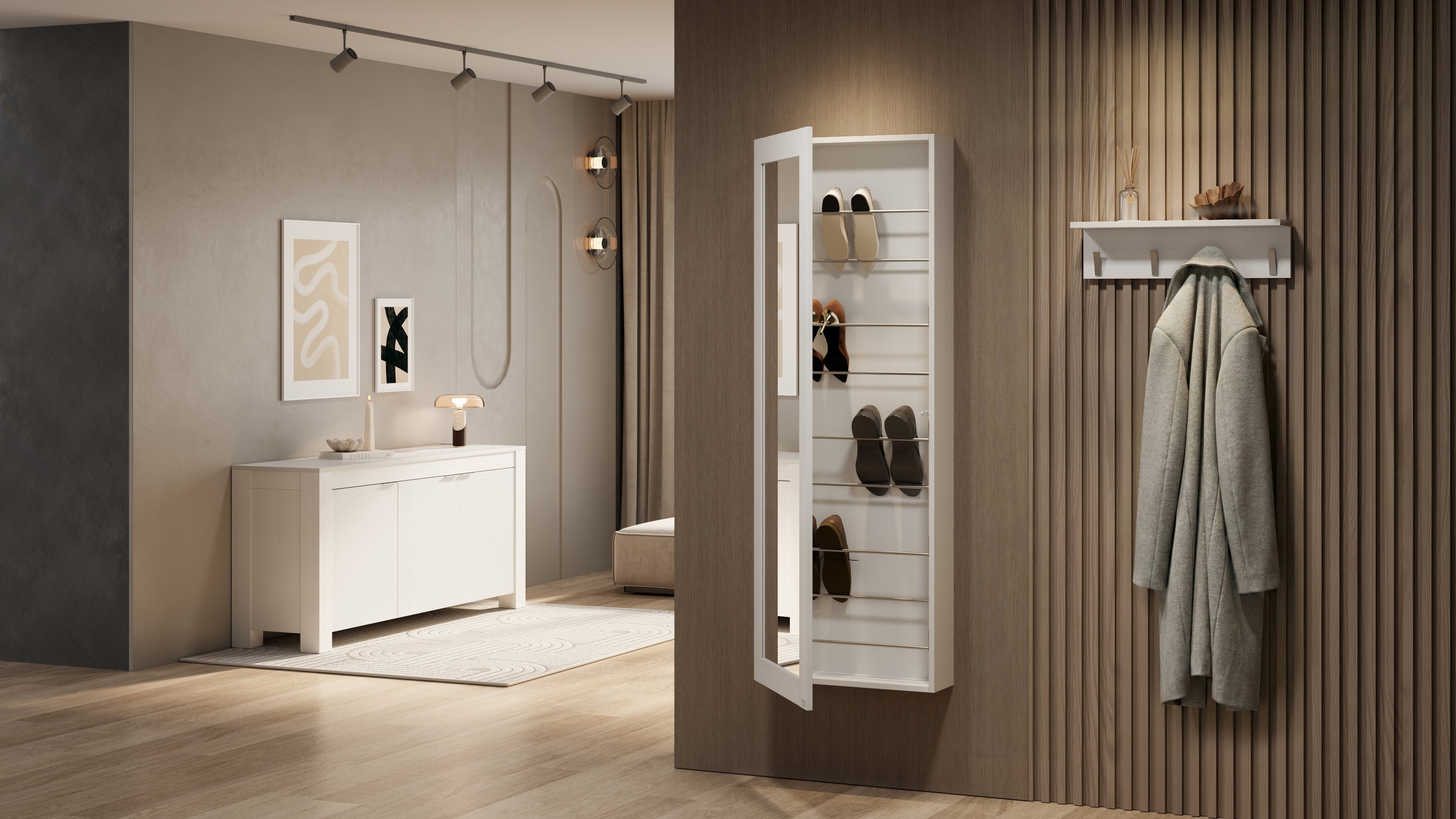 Hängeschuhschrank mit Spiegel Rachele 170x60 cm, Esche Weiß - Set image 3