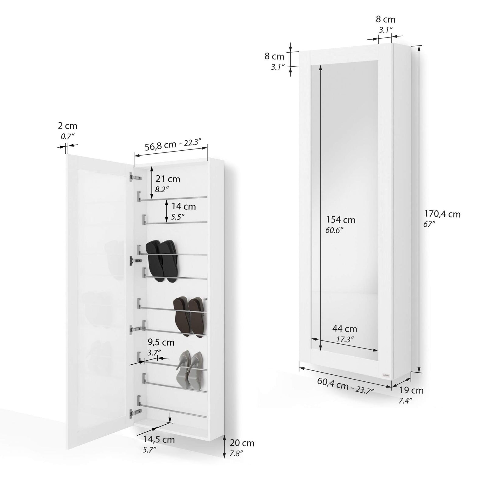 Hängeschuhschrank mit Spiegel Rachele 170x60 cm, Esche Weiß - Immagine tecnica 1