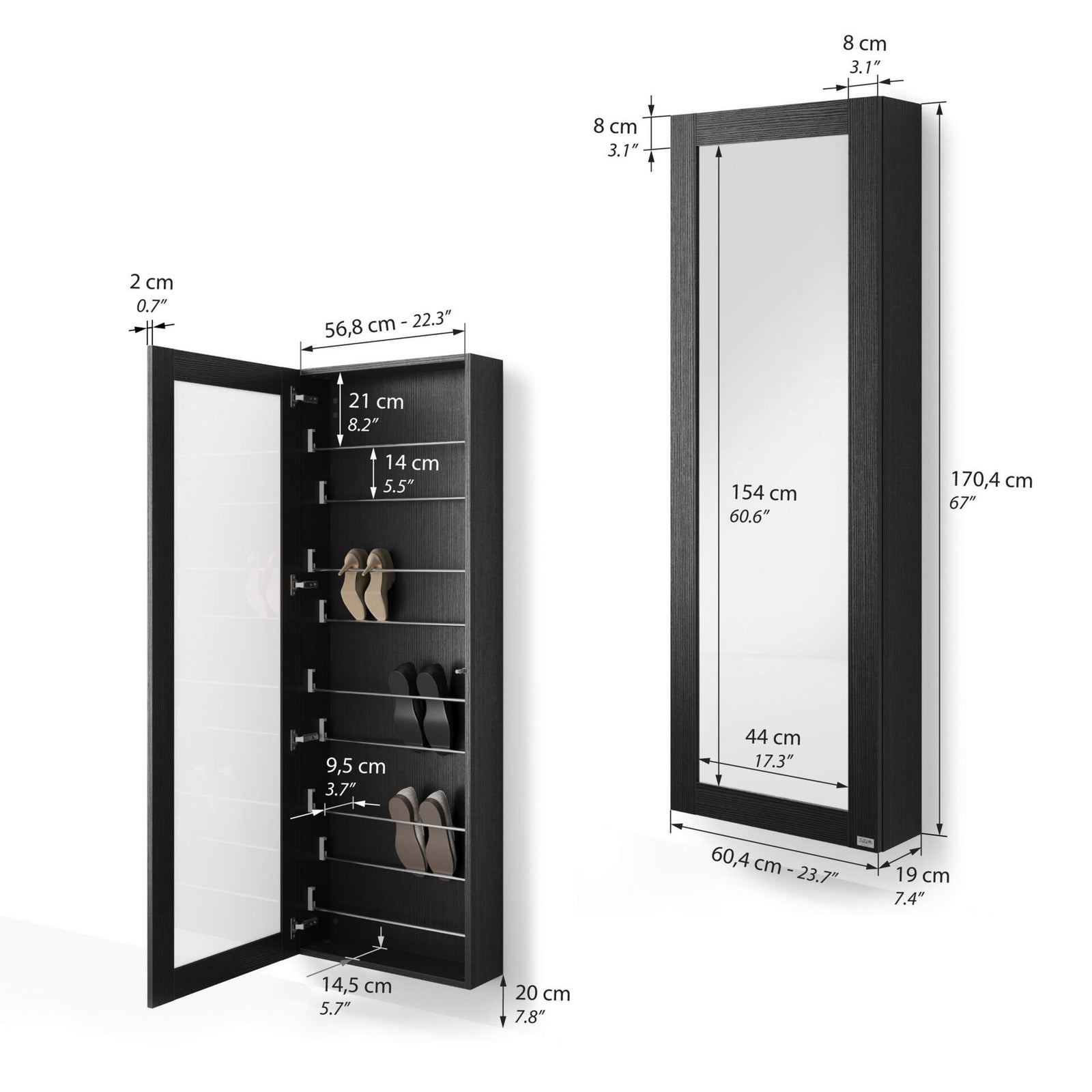 Hängeschuhschrank mit Spiegel Rachele 170x60 cm, Esche Zwart - Immagine tecnica 1