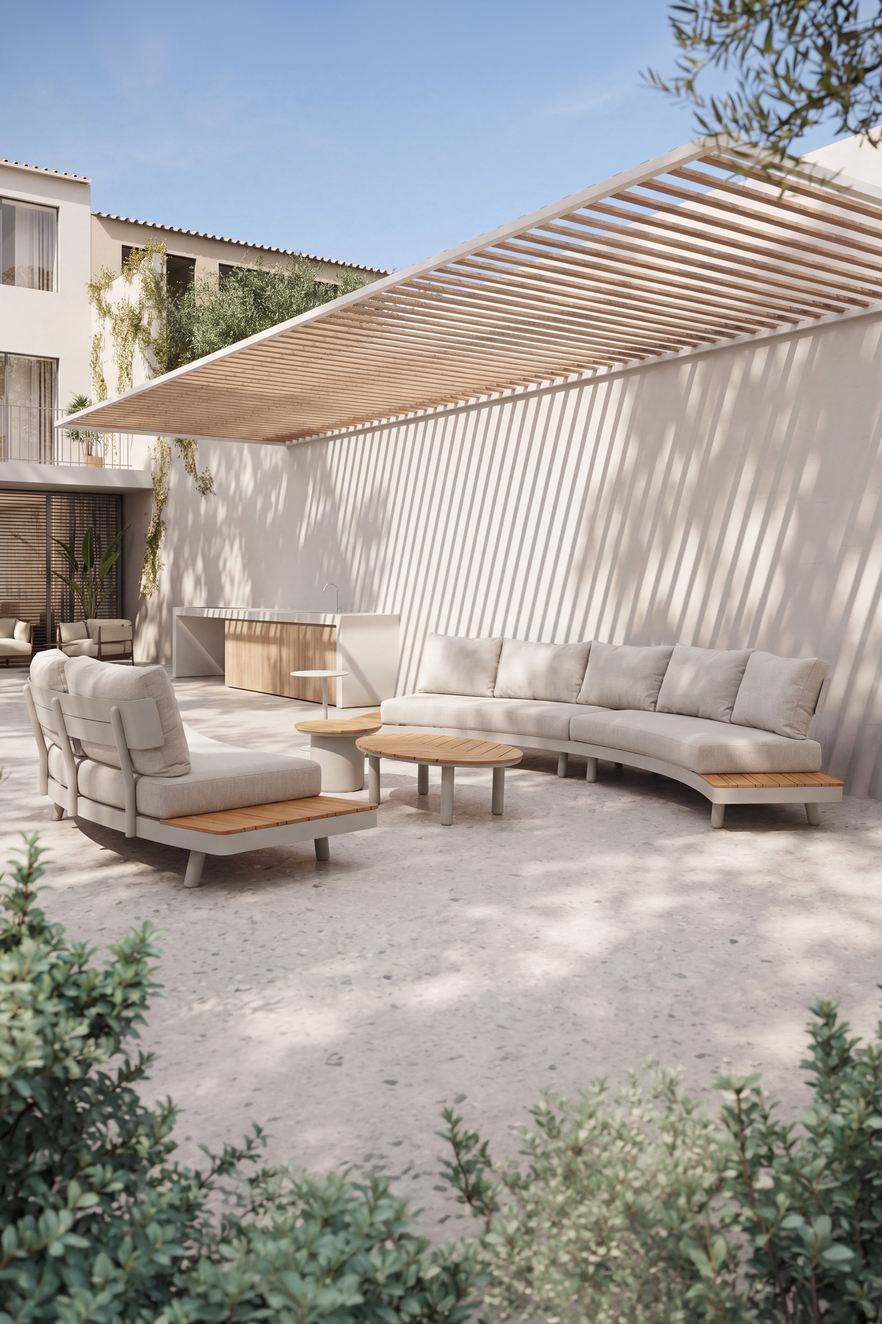 Set da giardino con divano 2 posti e tavolino ovale 110x69cm, Arya, Beige e legno di teak - Immagine dettaglio 3