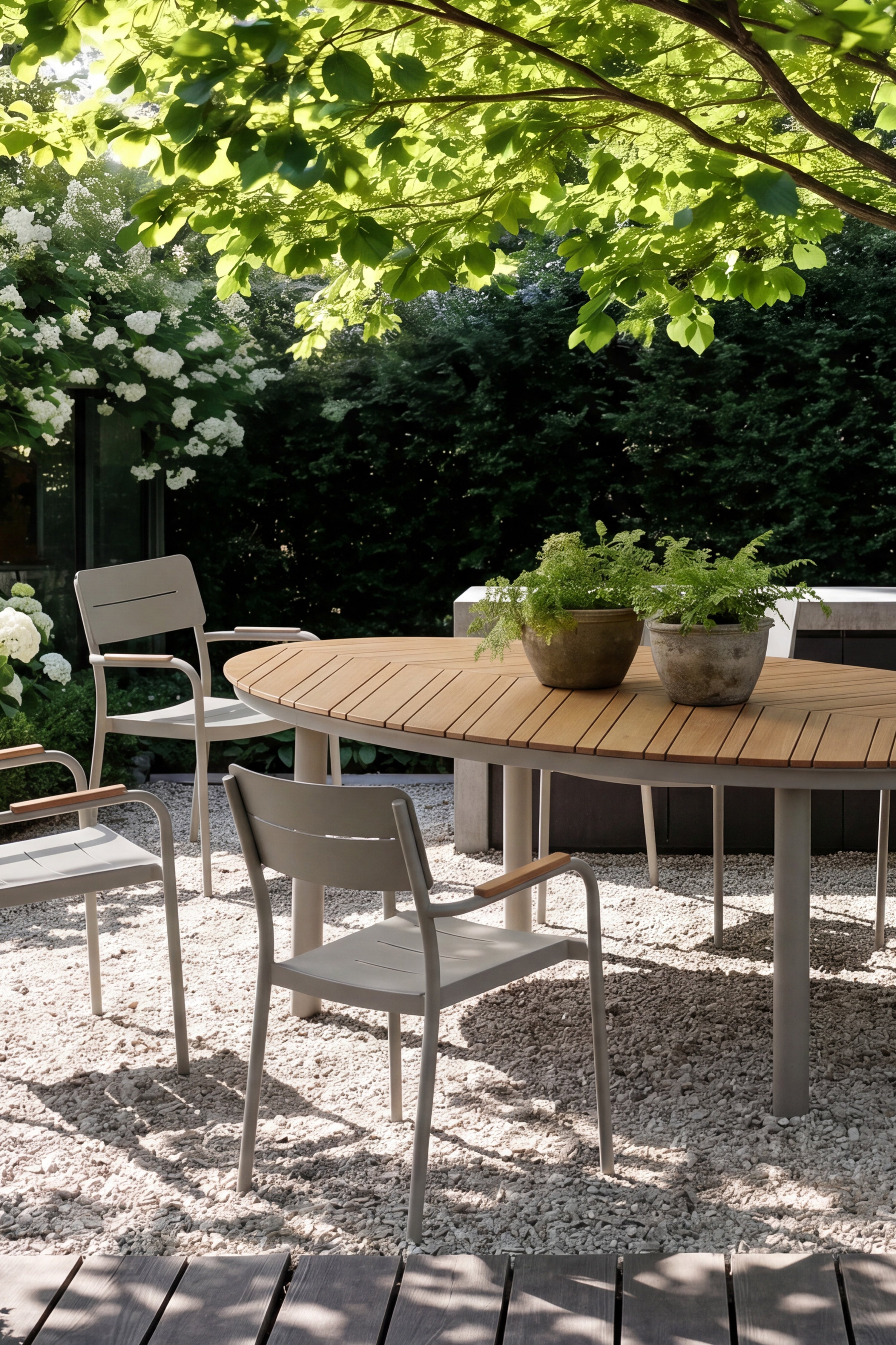 Outdoor Set Oval Table Arya 220 cm and 6 Arya Chairs, White and Teak