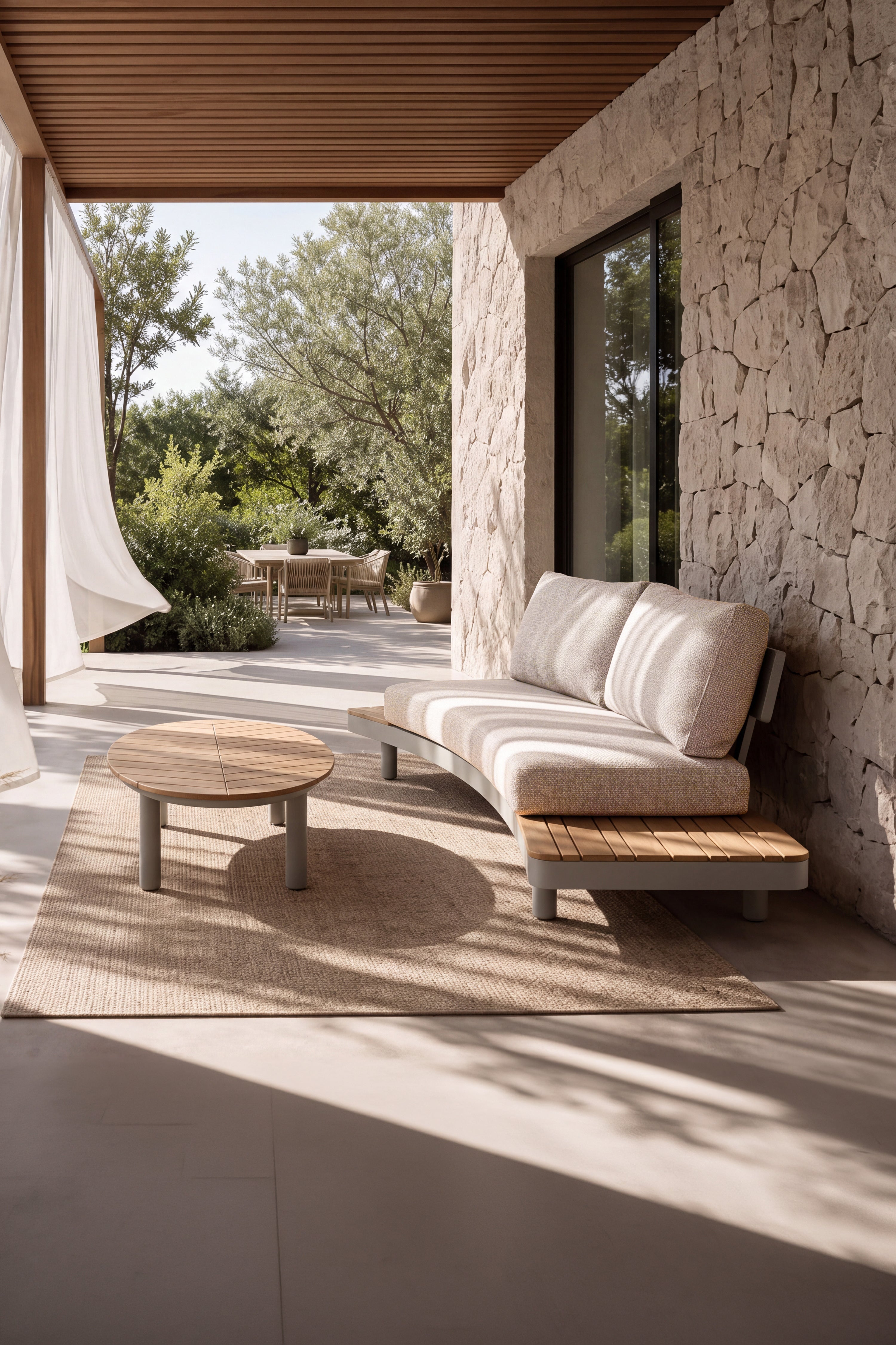 Divano da giardino 2 posti con tavolini laterali Arya, 200x94x75 cm, Beige e legno di teak - gallery 2