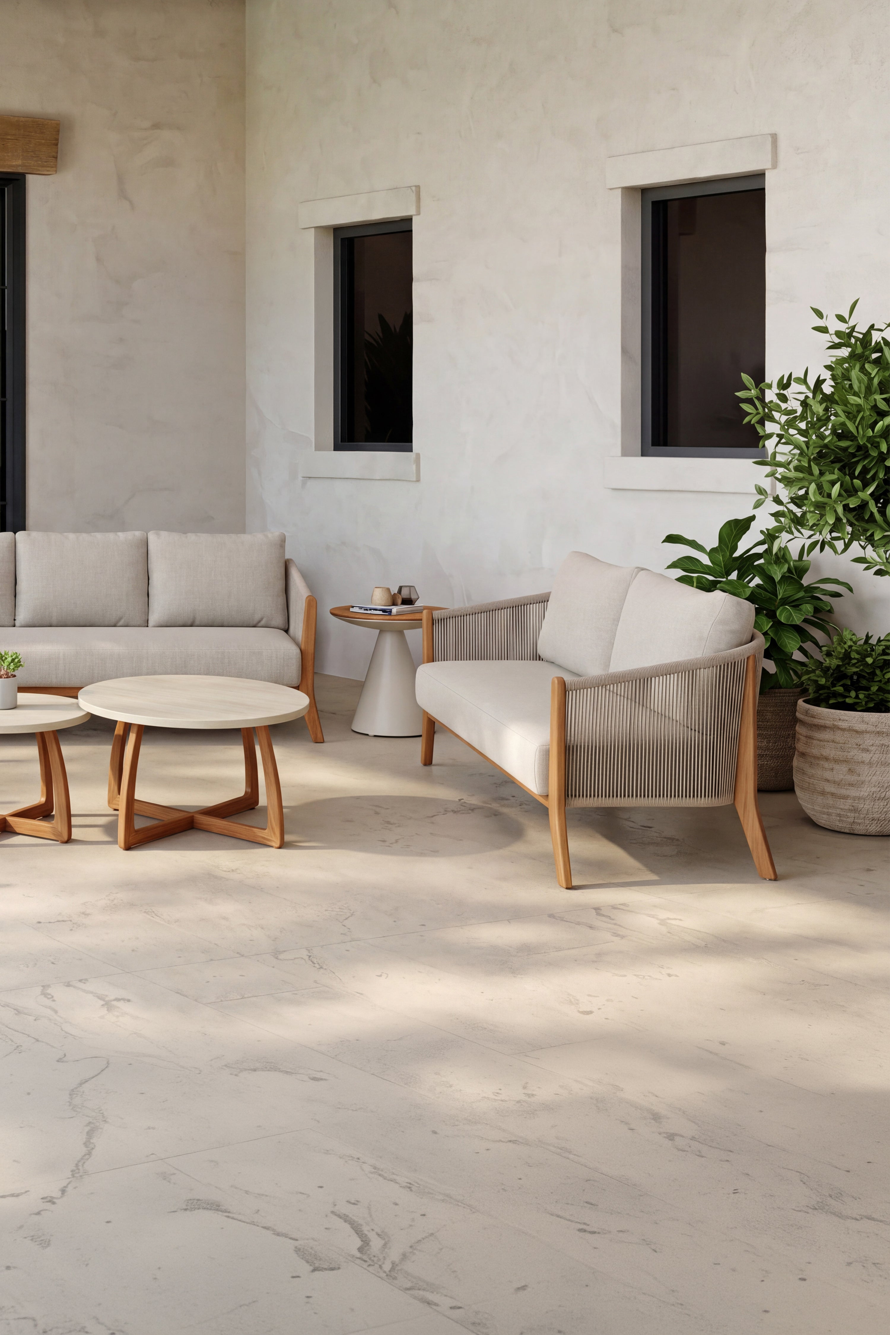 Salotto da giardino con 2 divani, 2 poltrone e 3 tavolini, Aurora, Beige - Immagine dettaglio 1