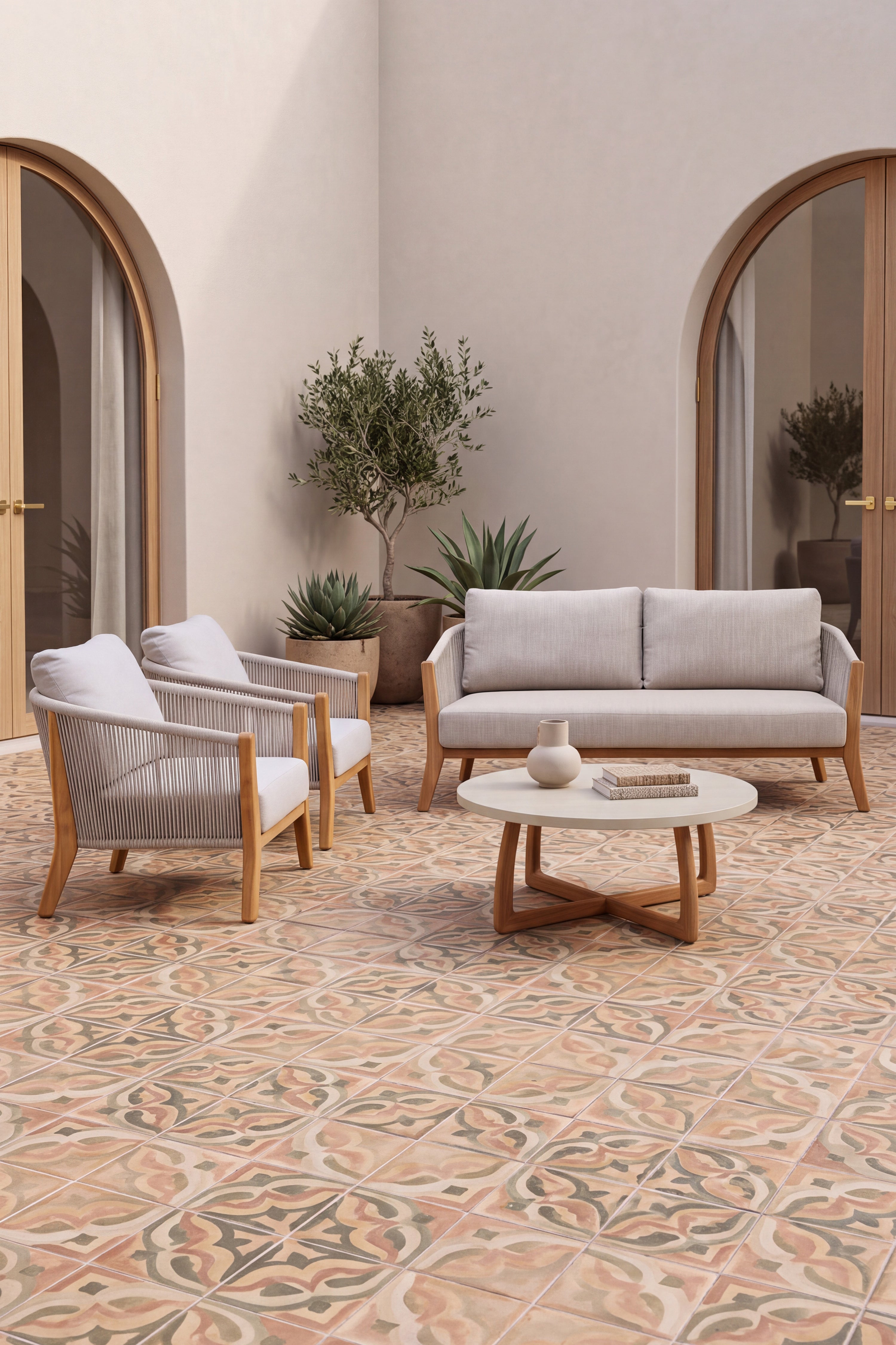 Set da giardino con divano 2 posti, 2 poltrone e tavolino Ø80x43 cm, Aurora, Beige - Immagine dettaglio 2