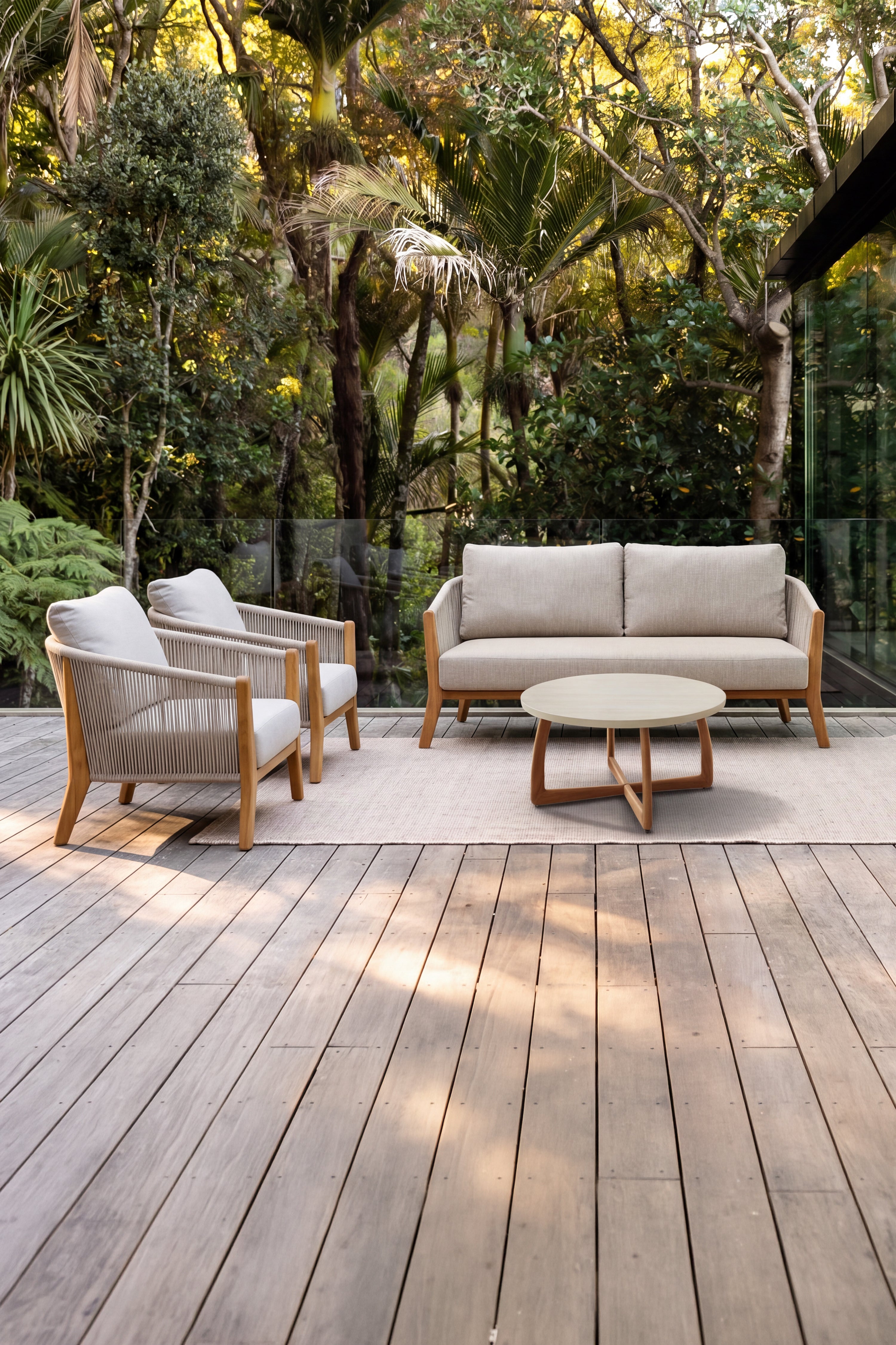 Divano da Esterno 2 Posti in Tessuto Beige e Teak, Aurora, 143x84 cm