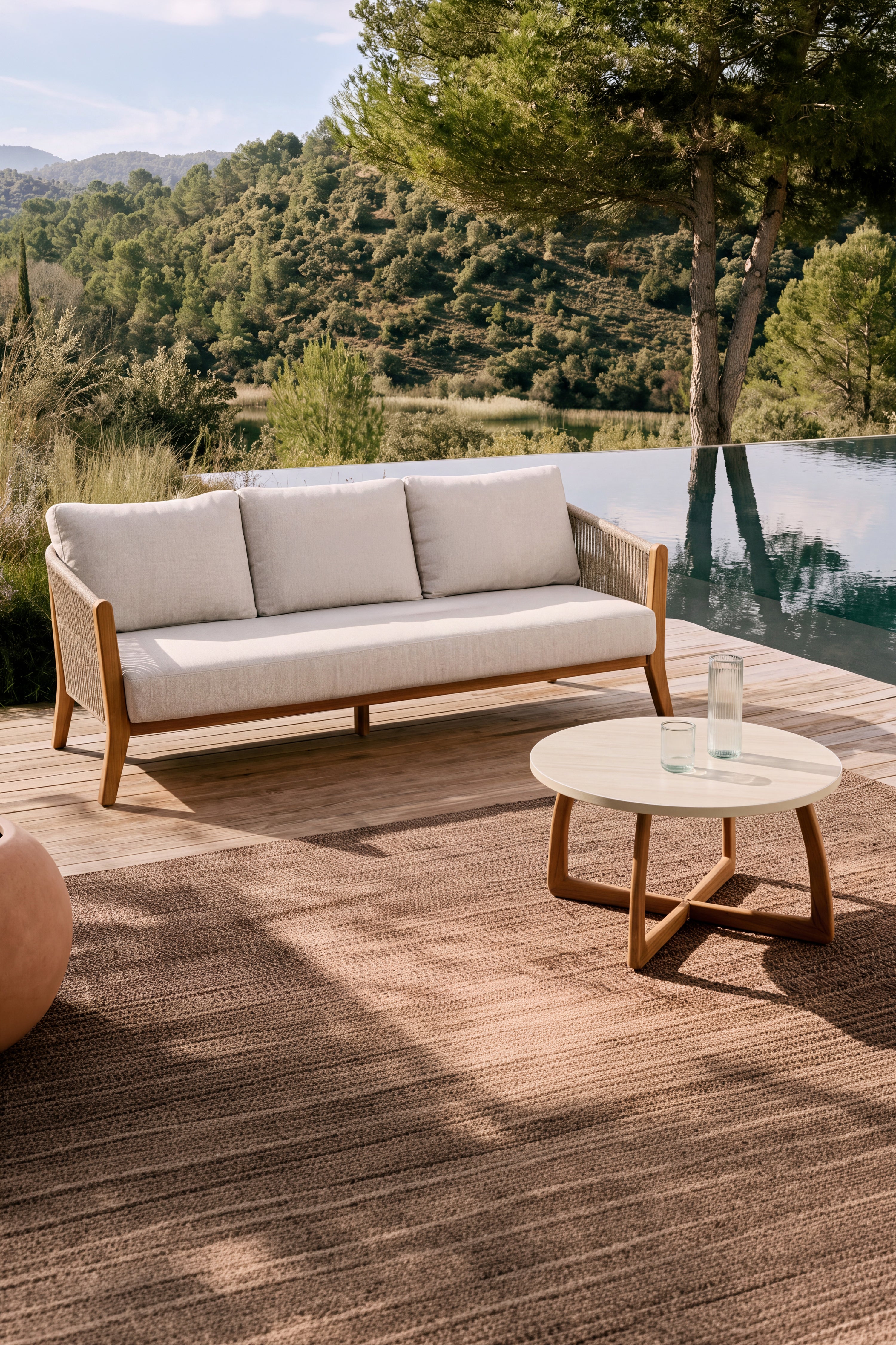 3-zits buitenbank in beige stof en teak, Aurora, 201x84 cm