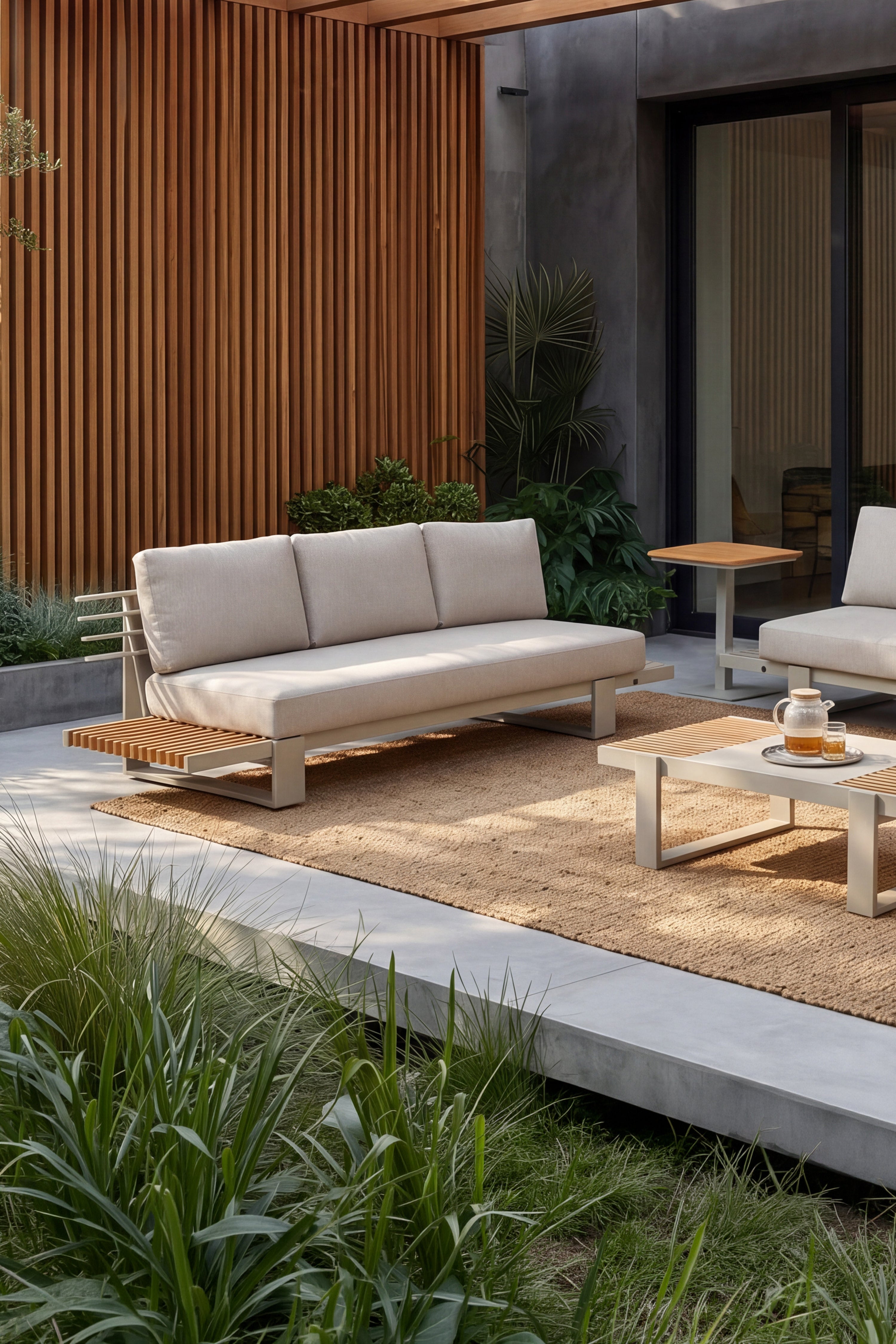 Canapé de jardin 3 places avec tablette inclinable à gauche Nora, 255x89x72 cm, Beige et teck - Image de détail 1
