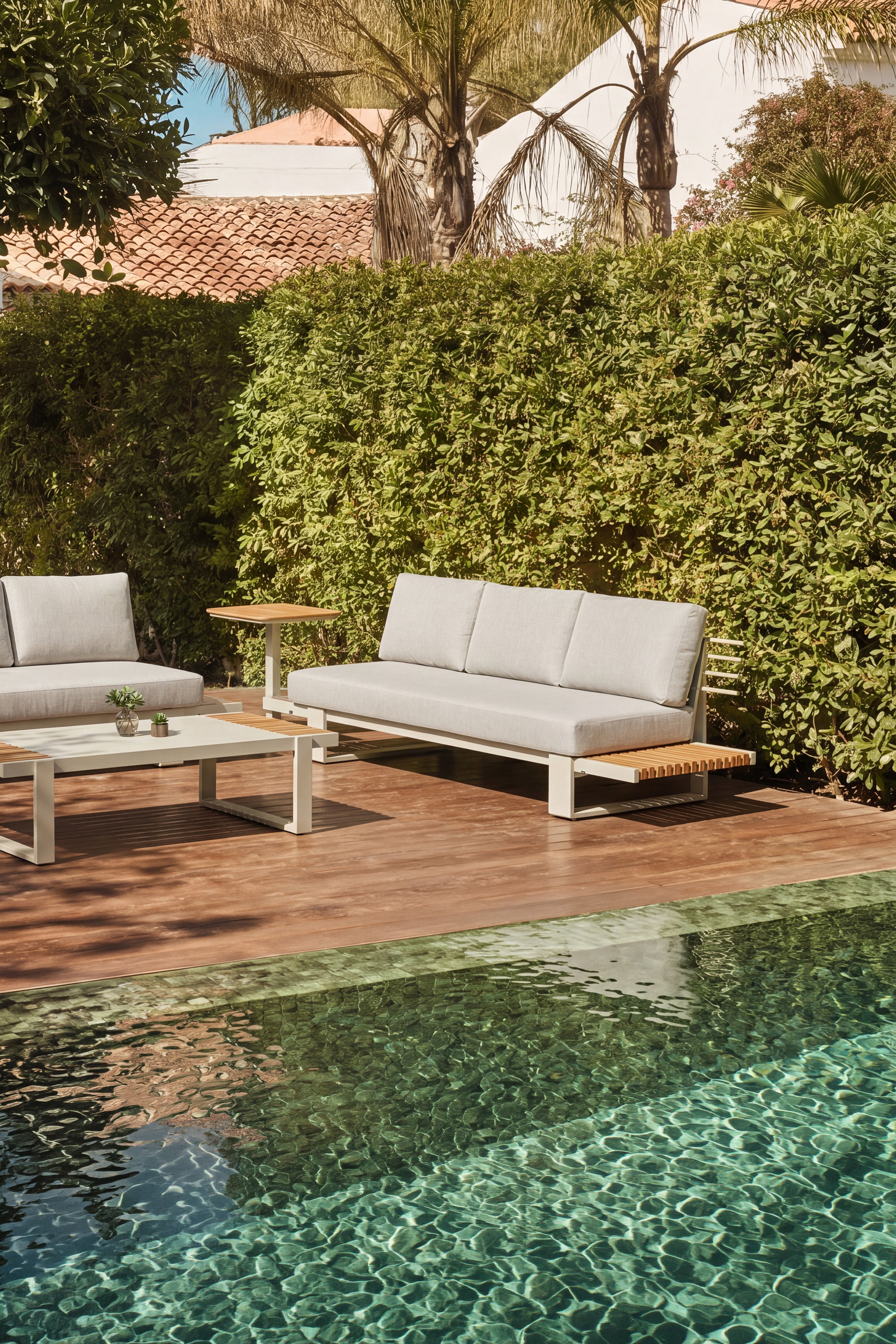Canapé de jardin 3 places Nora, avec côté droit inclinable, 255x89x72 cm, Beige et teck - Image de détail 2